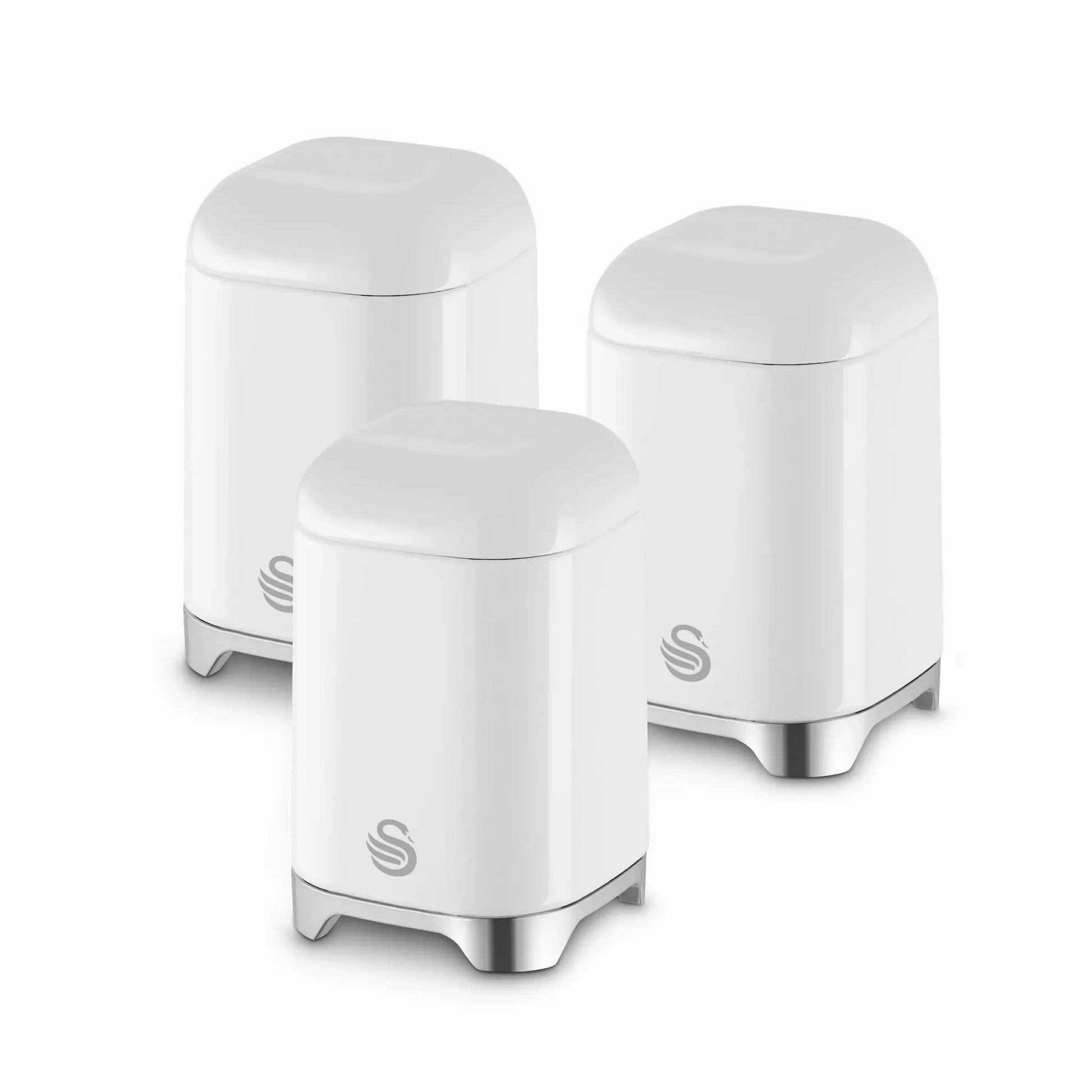 White high-gloss canister storage set with three covered containers, chrome feet
