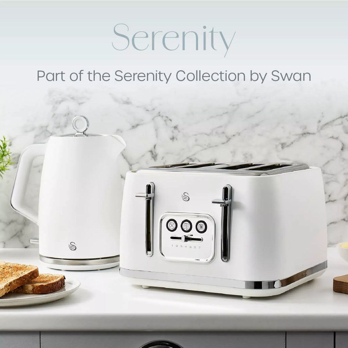 Swan Swan Serenity Kettle, 4 Slice Toaster, Bread Bin & Canisters Kitchen Set (White)