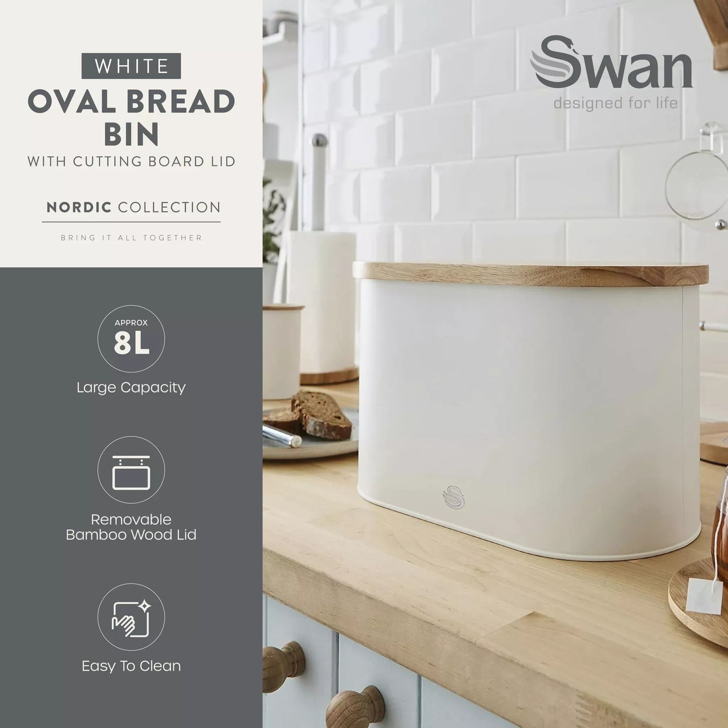 Swan Swan Nordic Kettle, 2 Slice Toaster, Bread Bin & Canisters Kitchen Set (Cotton White)