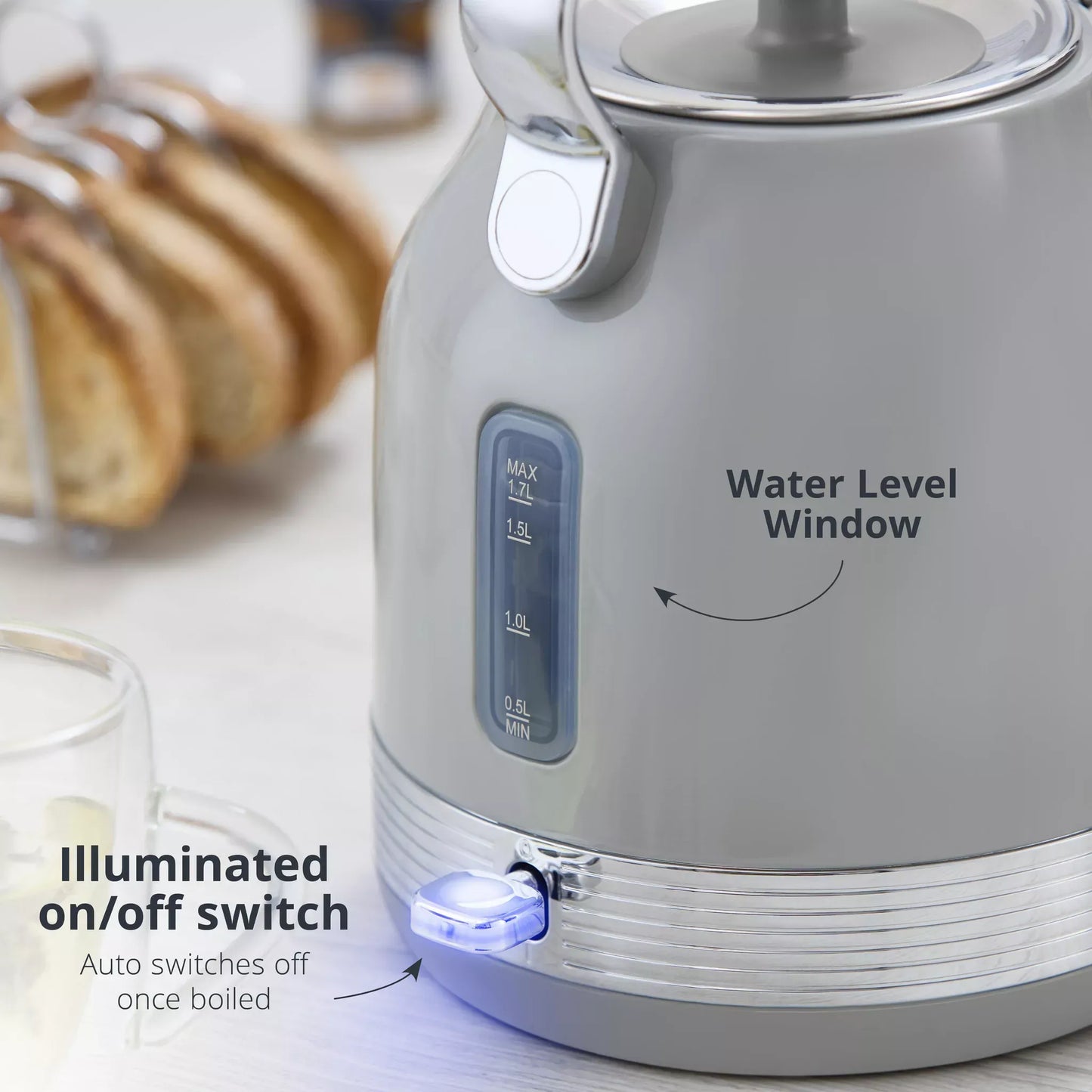 Swan Retro Pyramid Kettle, 4 Slice Toaster, Bread Bin, Canisters & Towel Pole Kitchen Set (Grey)