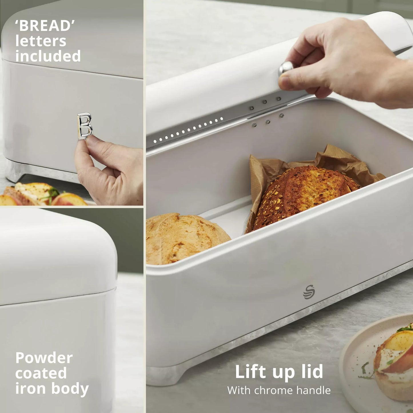 White bread bin with lift-up lid and chrome handle, holding sliced bread