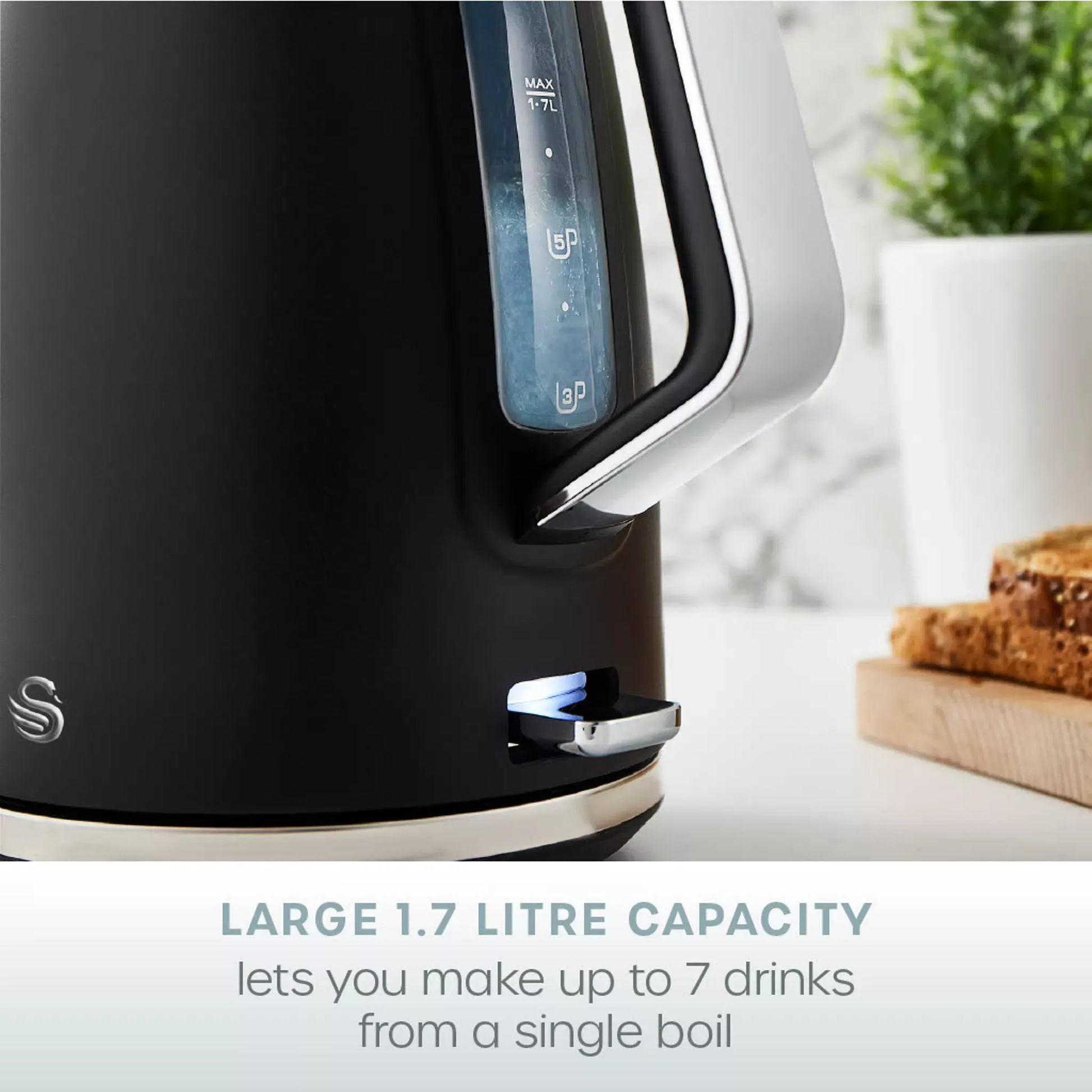 Swan Swan Serenity Kettle, 4 Slice Toaster, Bread Bin & Canisters Kitchen Set (Black)