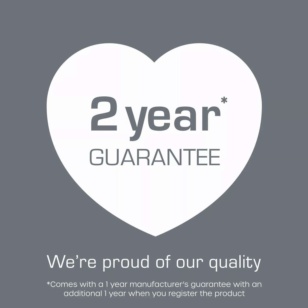 2 year guarantee badge with heart icon on gray background