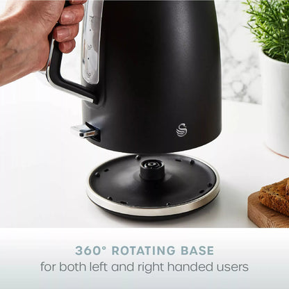 Swan Swan Serenity Kettle, 4 Slice Toaster, Bread Bin & Canisters Kitchen Set (Black)