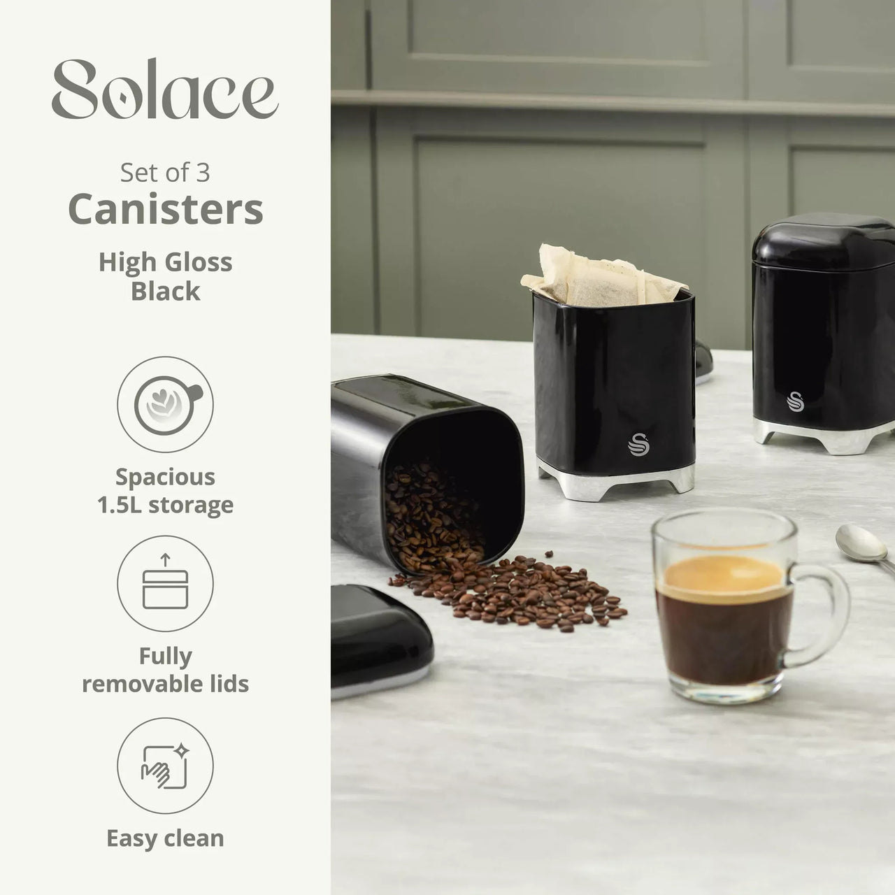 Black canister set with fully removable lids; countertop storage for dry pantry items