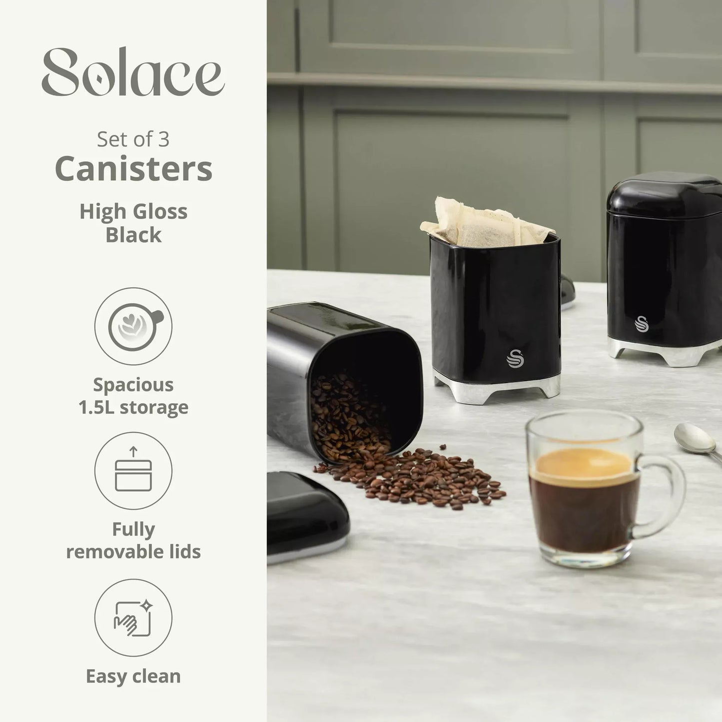 Black canister set with fully removable lids; countertop storage for dry pantry items