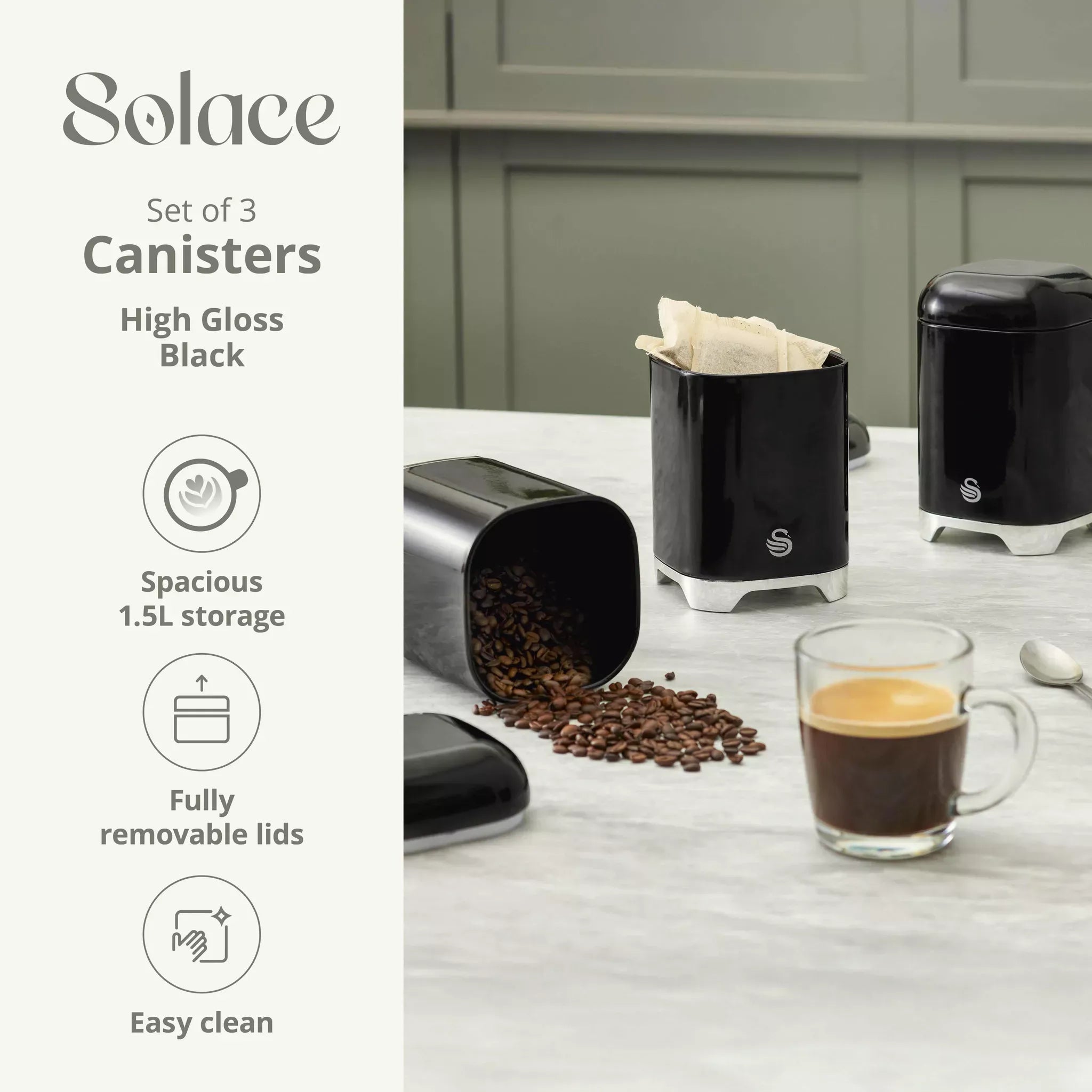 Black canister set with fully removable lids; countertop storage for dry pantry items