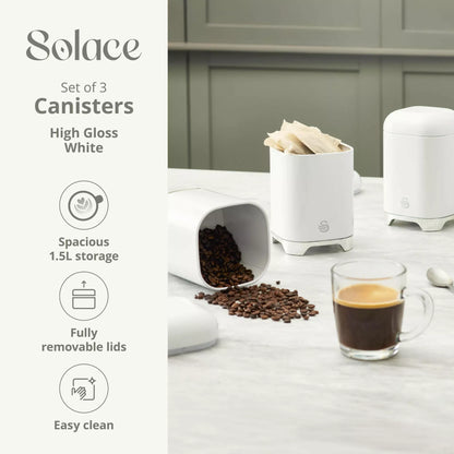 White canister storage set with removable lids, one open for dry snacks