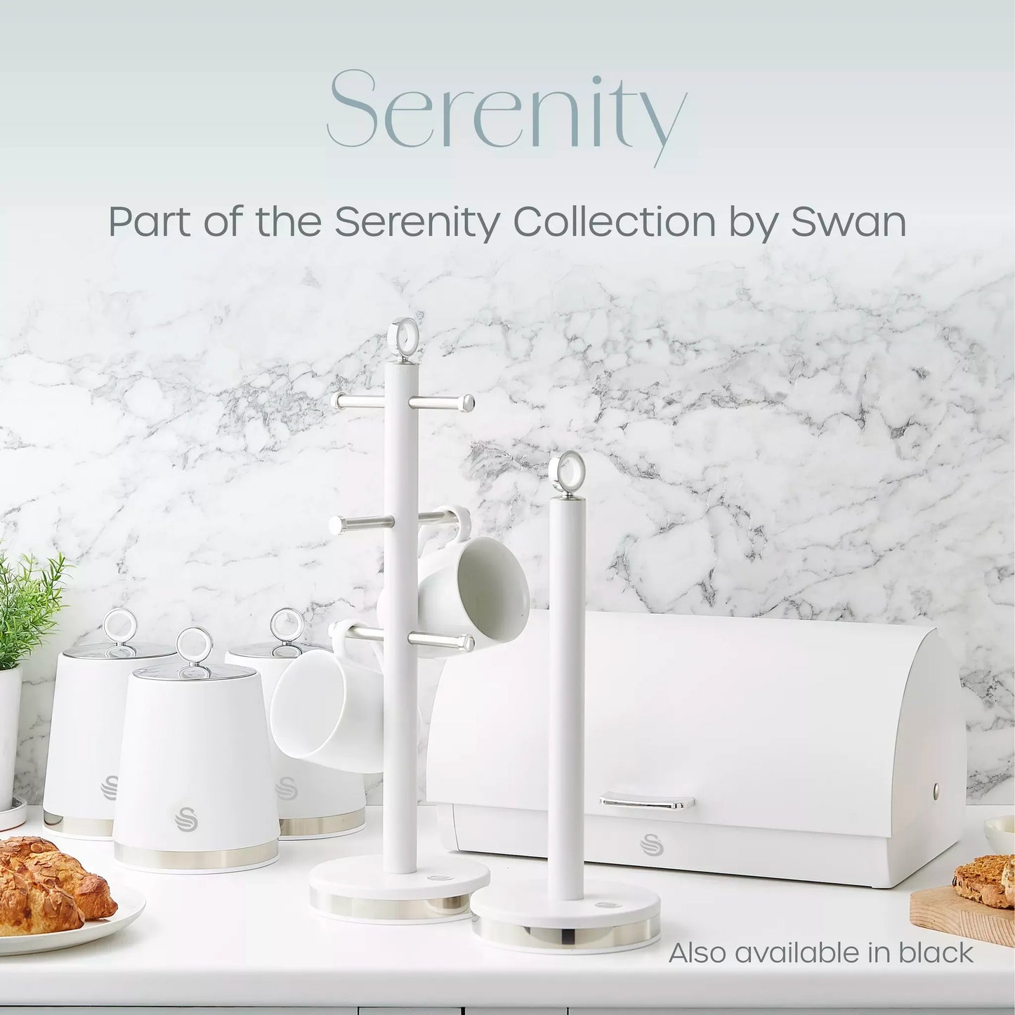 Swan Swan Serenity Bread Bin, Canisters, Mug Tree & Towel Pole Kitchen Storage Set (White)