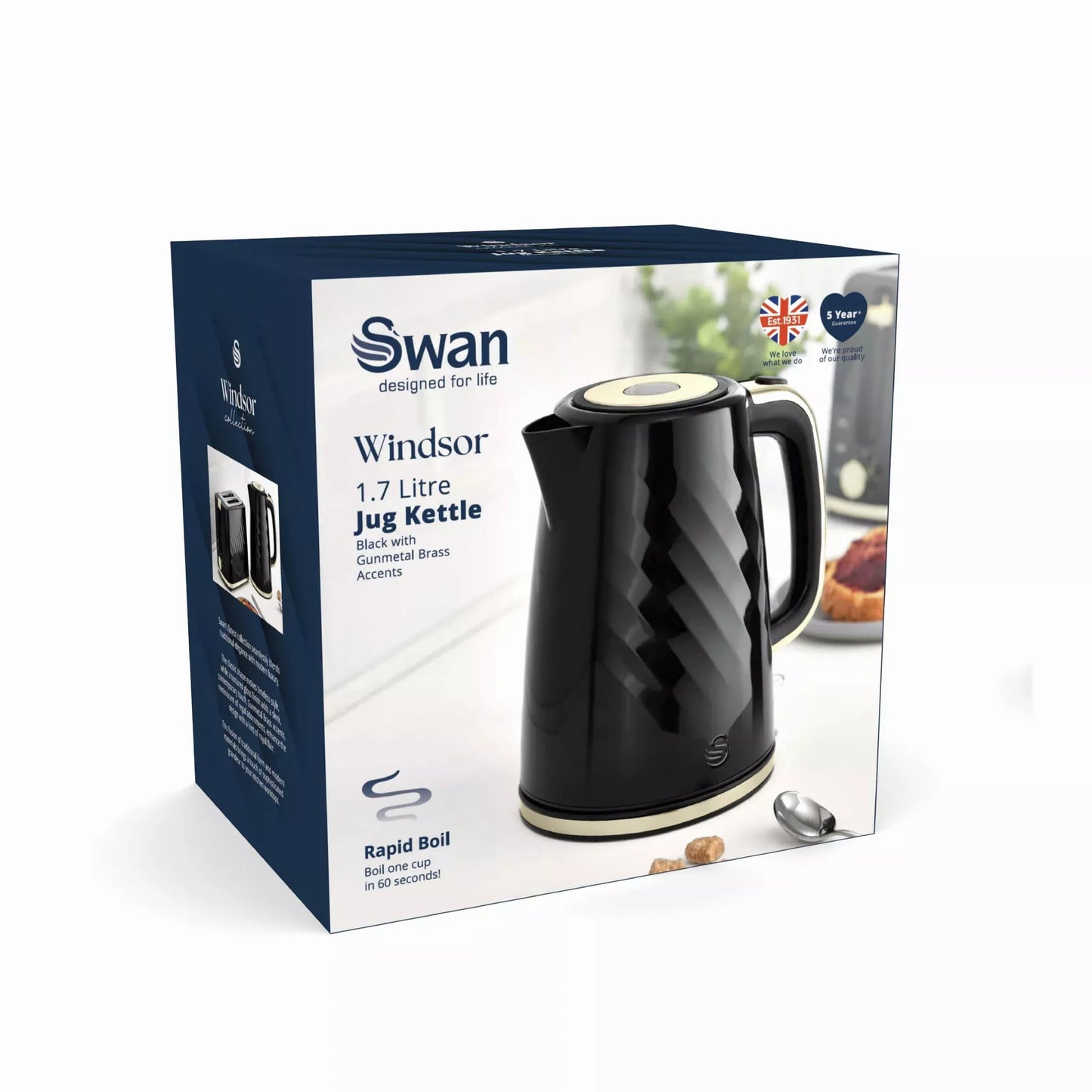 Swan Windsor Textured Kettle & 2 Slice Toaster Set (Black/Gunmetal Brass Trim)