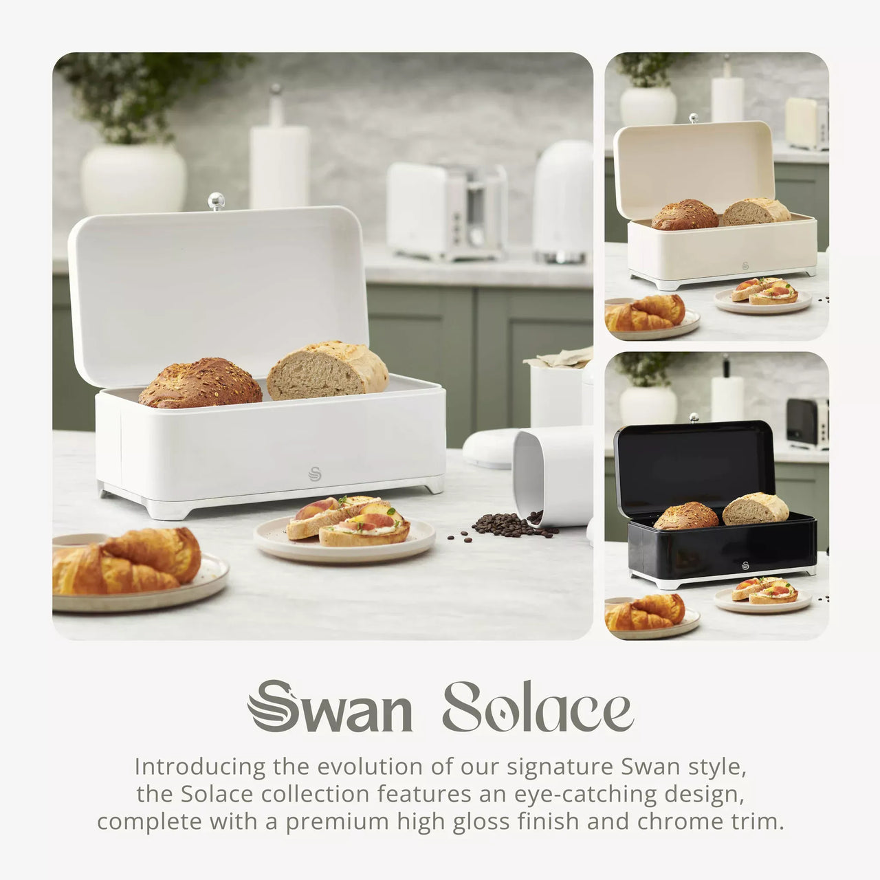 Swan Solace Jug Kettle, 2 Slice Toaster, Bread Bin & Canisters Kitchen Set (White)