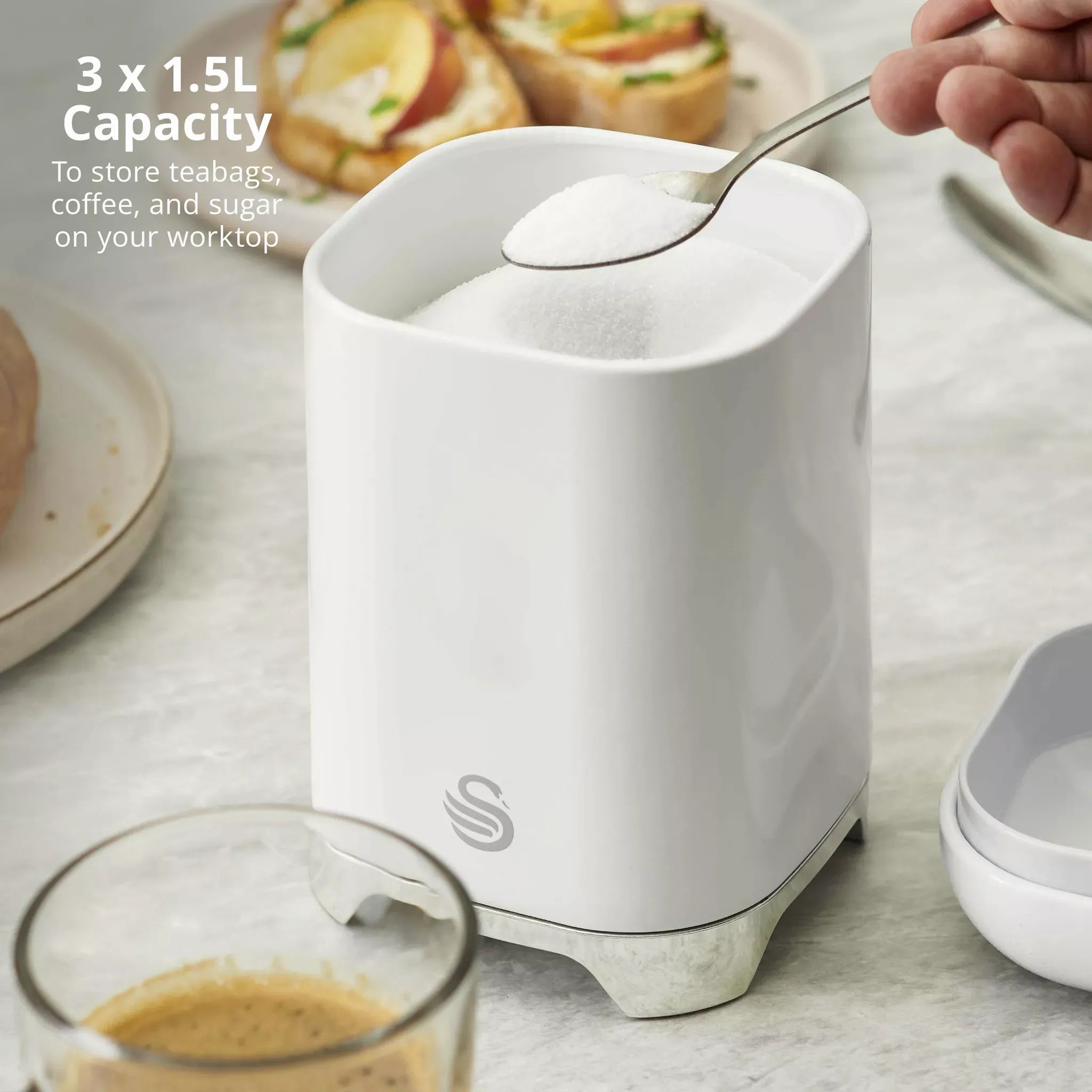 Swan Solace Jug Kettle, 2 Slice Toaster, Bread Bin & Canisters Kitchen Set (White)