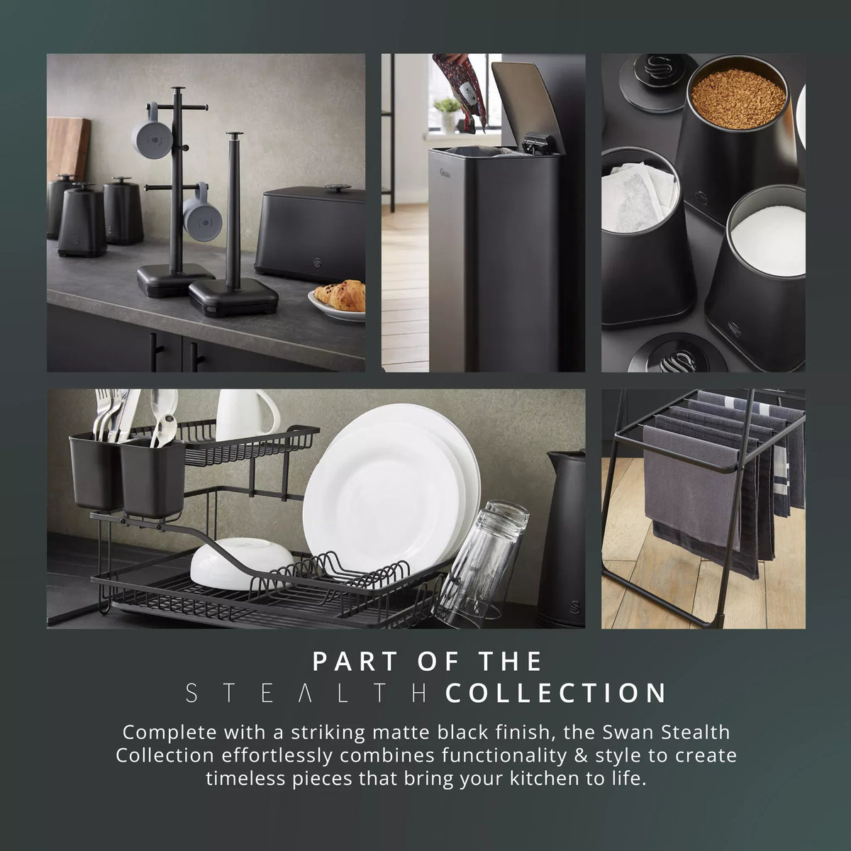 Swan Swan Stealth Bread Bin & Canisters Kitchen Storage Set (Matt Black)