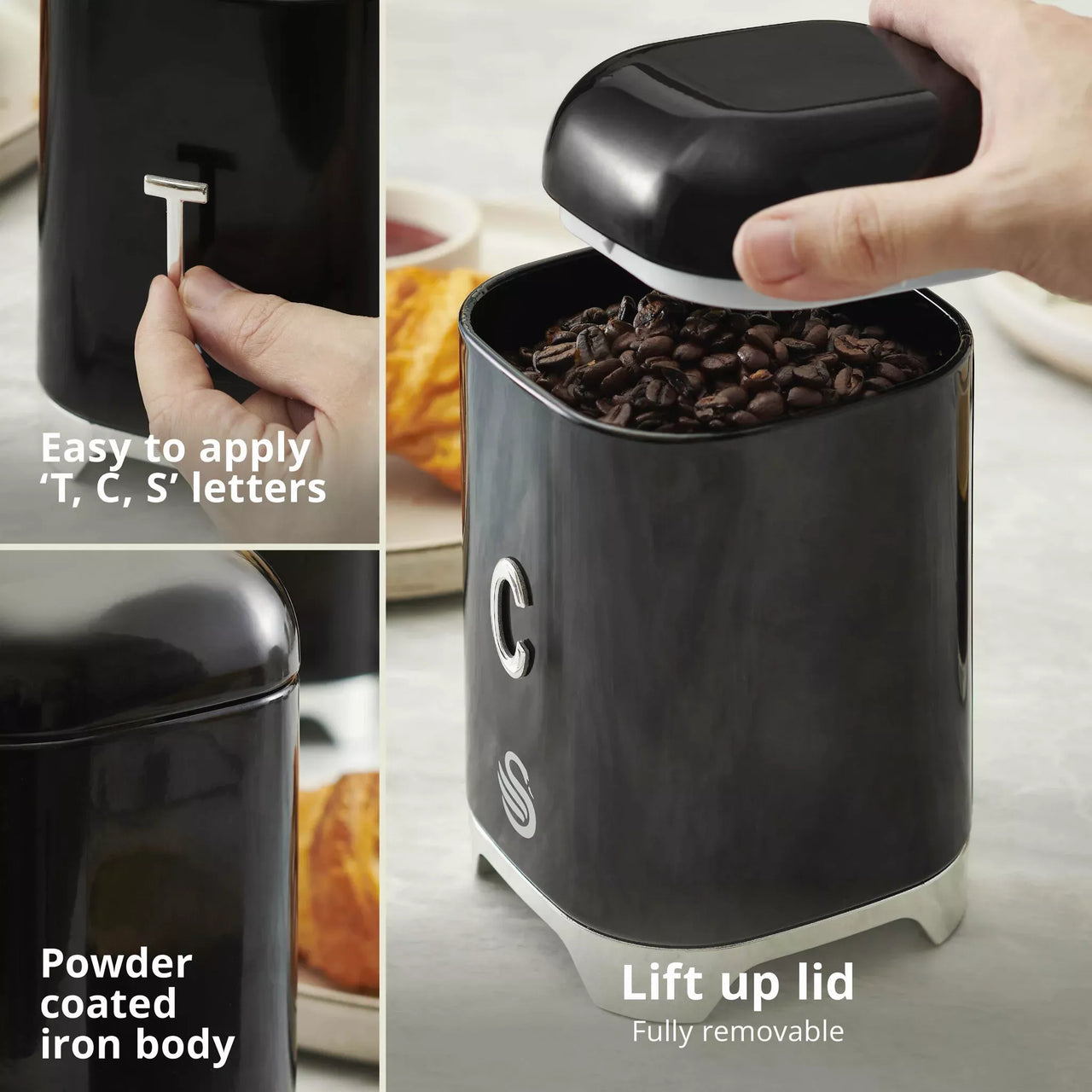 Black powder-coated canister with removable lift-up lid and letter detail