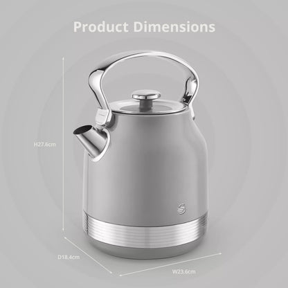 Swan Retro Pyramid Kettle, 4 Slice Toaster, Bread Bin, Canisters & Towel Pole Kitchen Set (Grey)