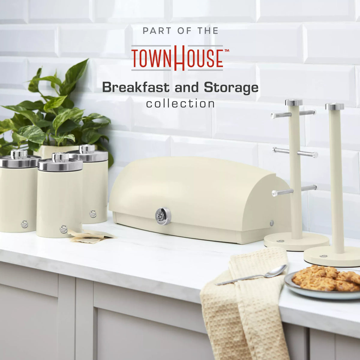 Swan Swan Townhouse Kettle, 2 Slice Toaster, Bread Bin, Canisters Kitchen Set (Cream)