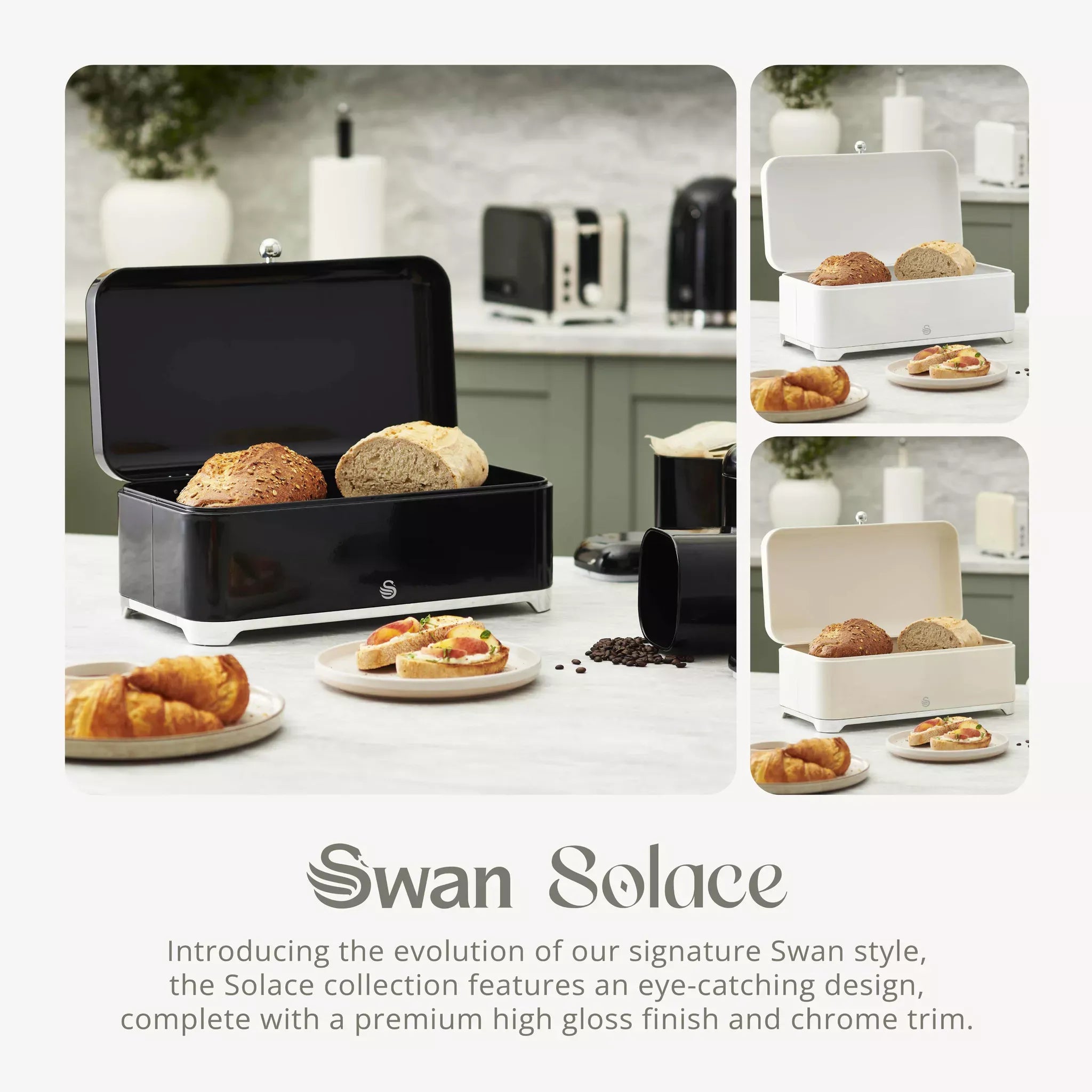 Black bread bin and matching canisters set with glossy lids and chrome base accents
