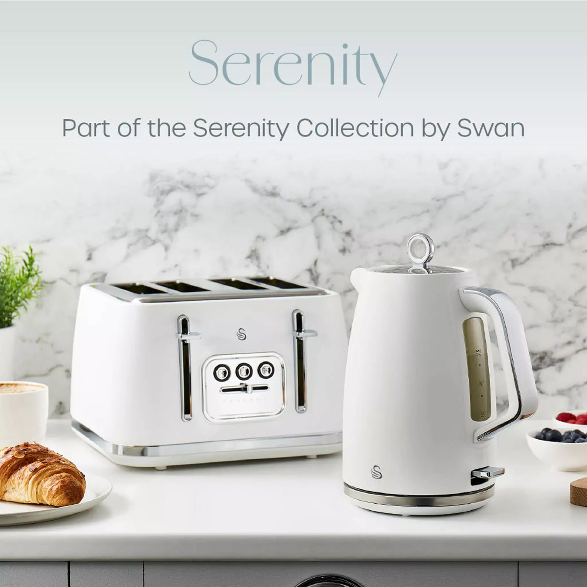 Swan Swan Serenity Kettle, 4 Slice Toaster, Bread Bin & Canisters Kitchen Set (White)