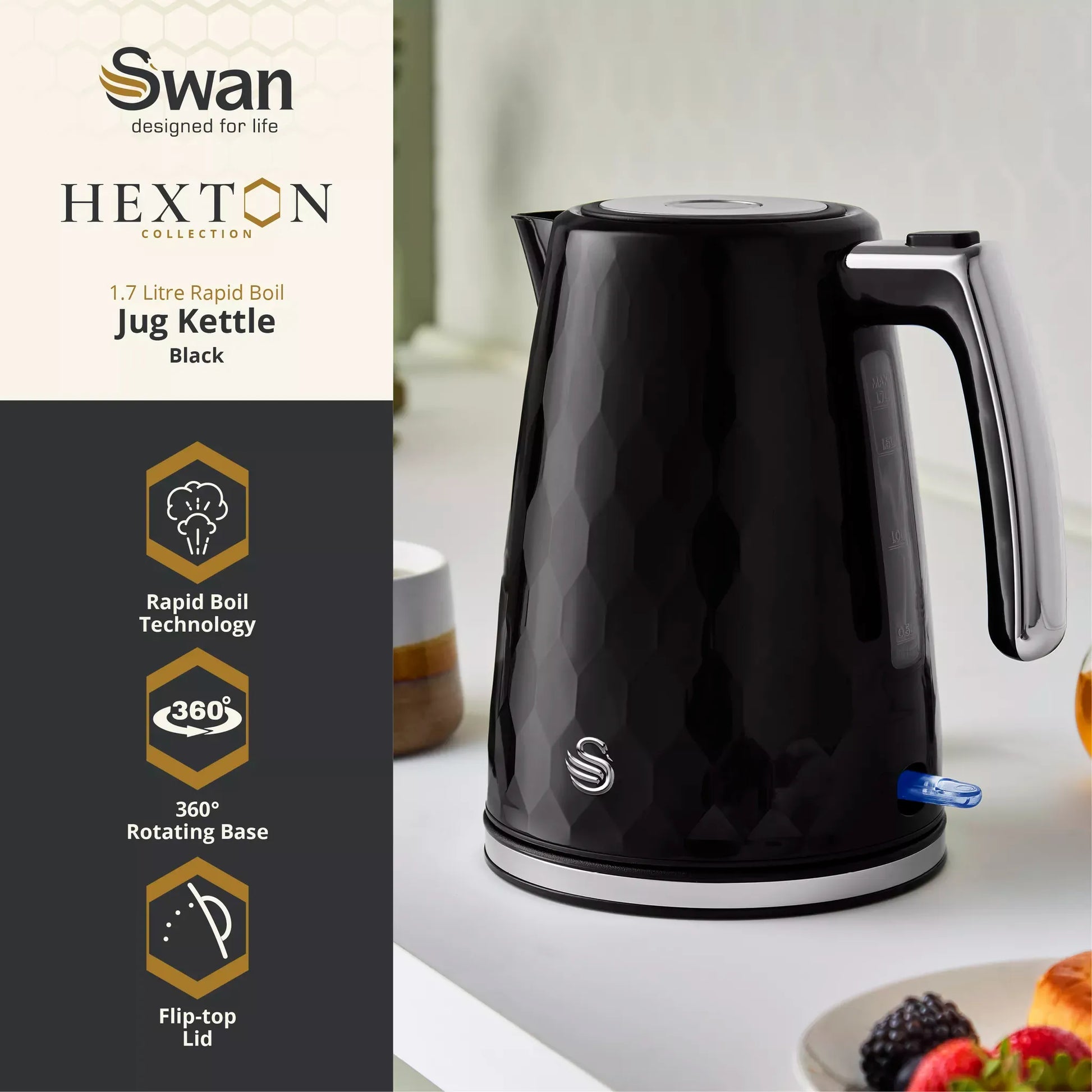 Swan Swan Hexton Kettle & 2 Slice Toaster Kitchen Set (Black)