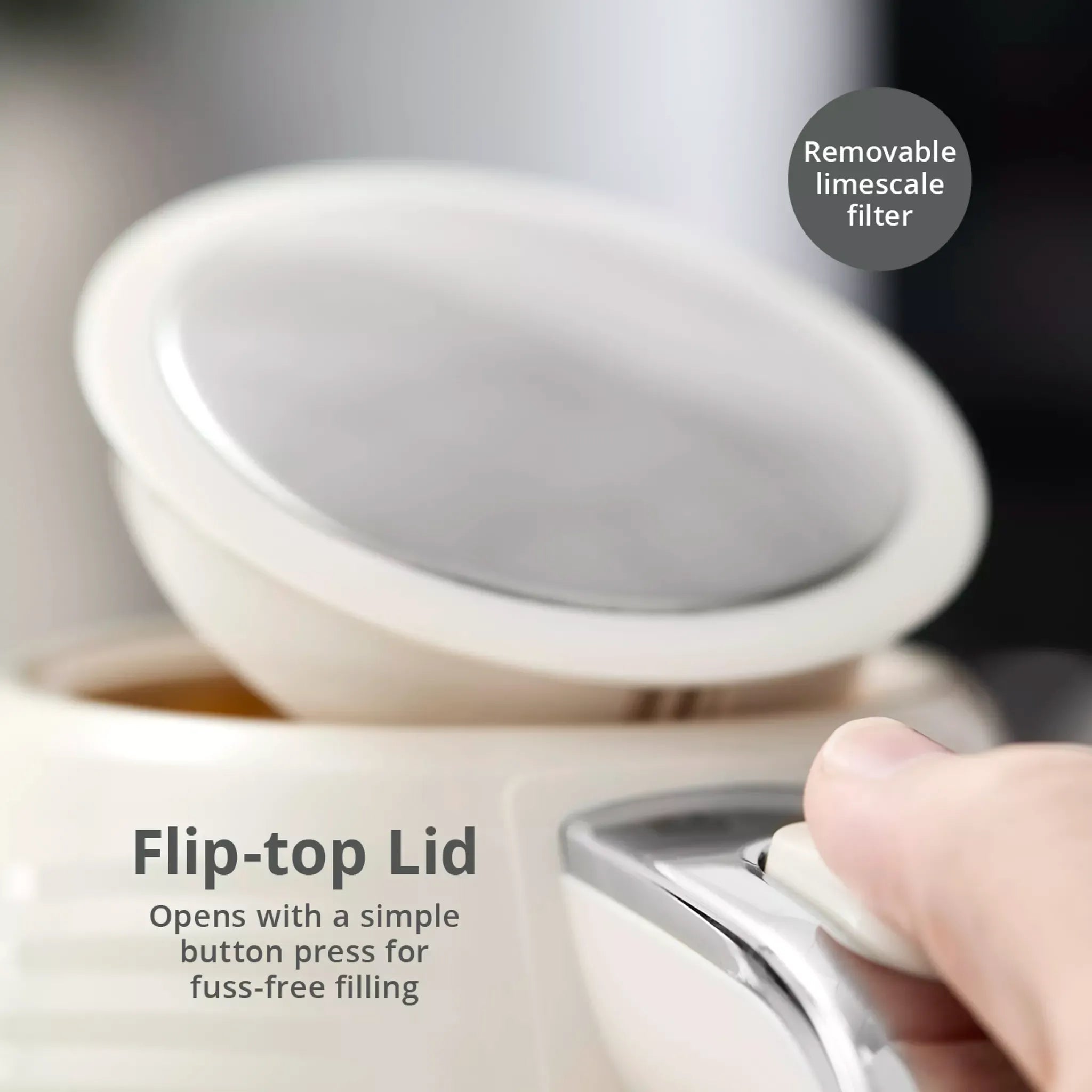 Cream electric kettle with flip-top lid open and removable limescale filter