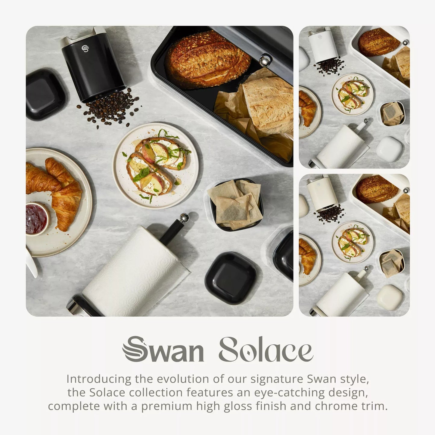 Swan Solace two-slice toaster on countertop, black-and-silver compact design