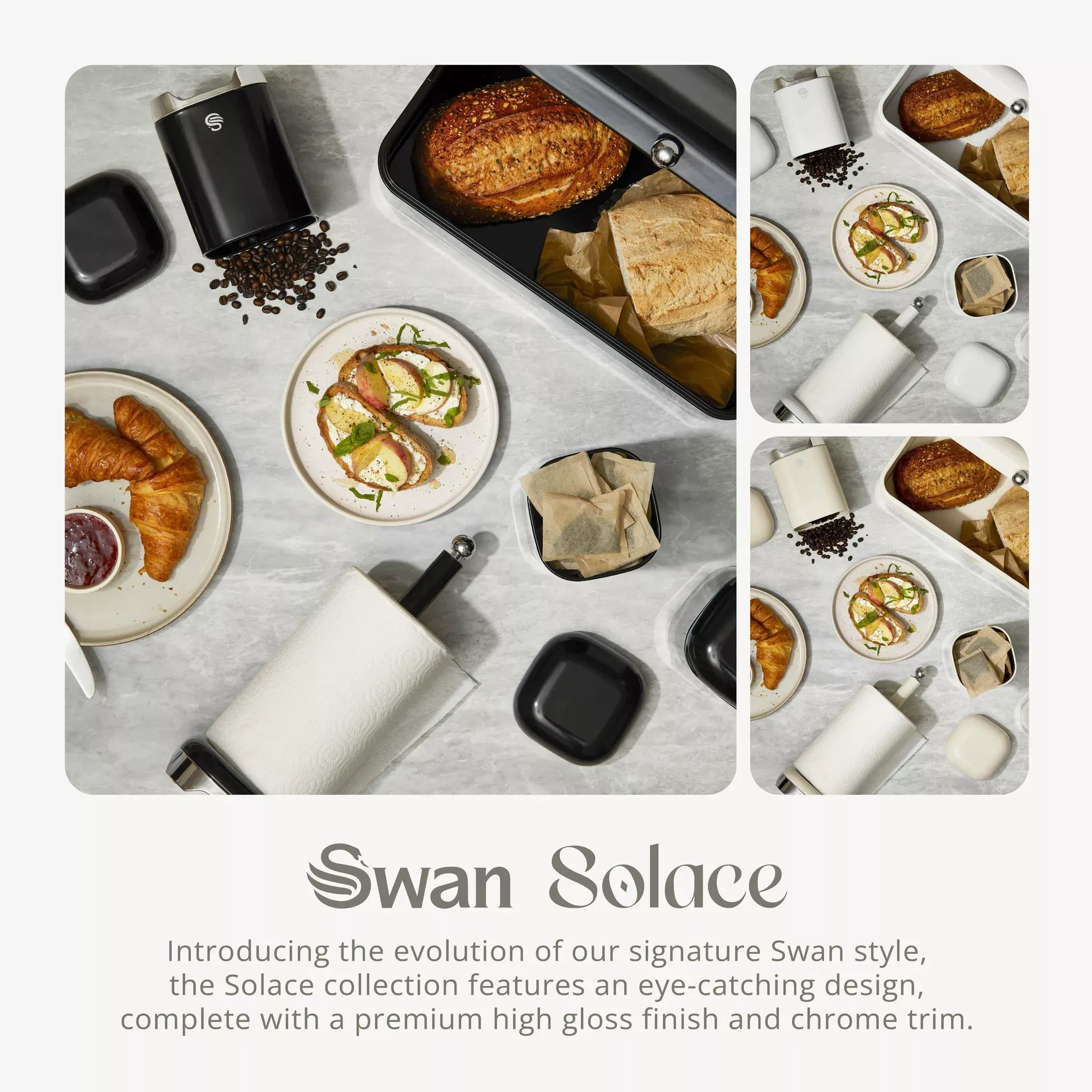 Swan Solace two-slice toaster on countertop, black-and-silver compact design