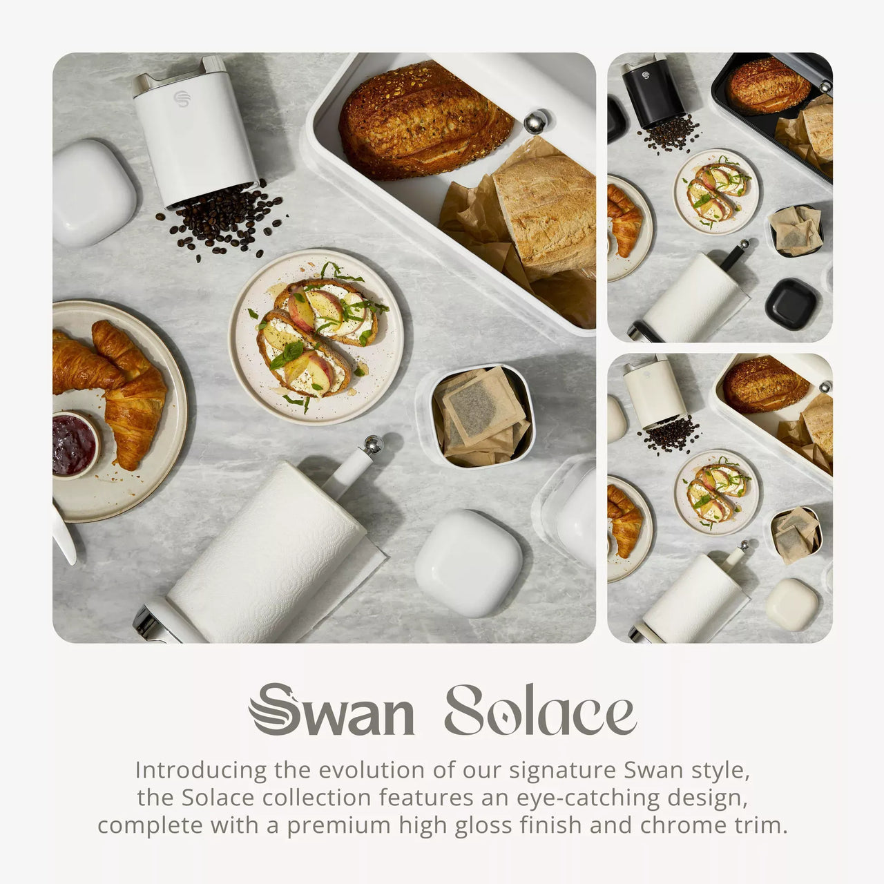 Swan Solace Jug Kettle, 2 Slice Toaster, Bread Bin & Canisters Kitchen Set (White)