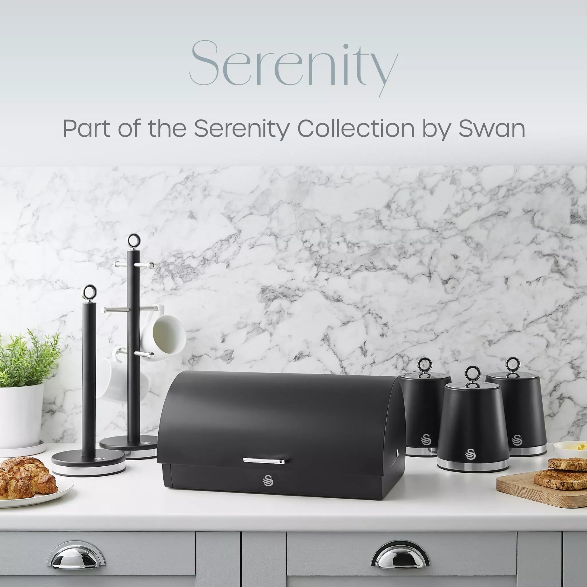 Swan Swan Serenity Kettle, 4 Slice Toaster, Bread Bin & Canisters Kitchen Set (Black)