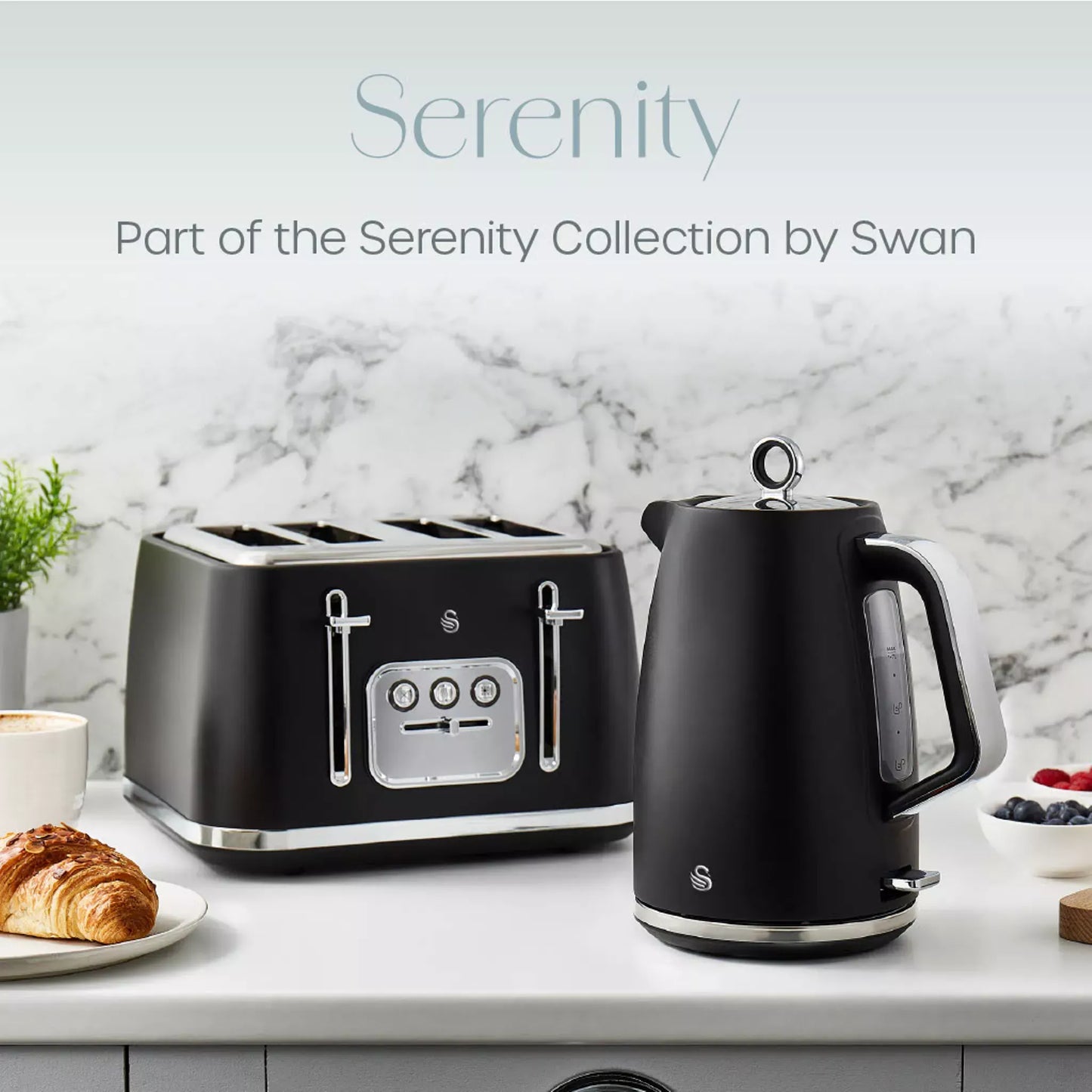 Swan Swan Serenity Kettle, 4 Slice Toaster, Bread Bin & Canisters Kitchen Set (Black)