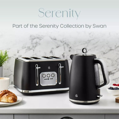 Swan Swan Serenity Kettle, 4 Slice Toaster, Bread Bin & Canisters Kitchen Set (Black)