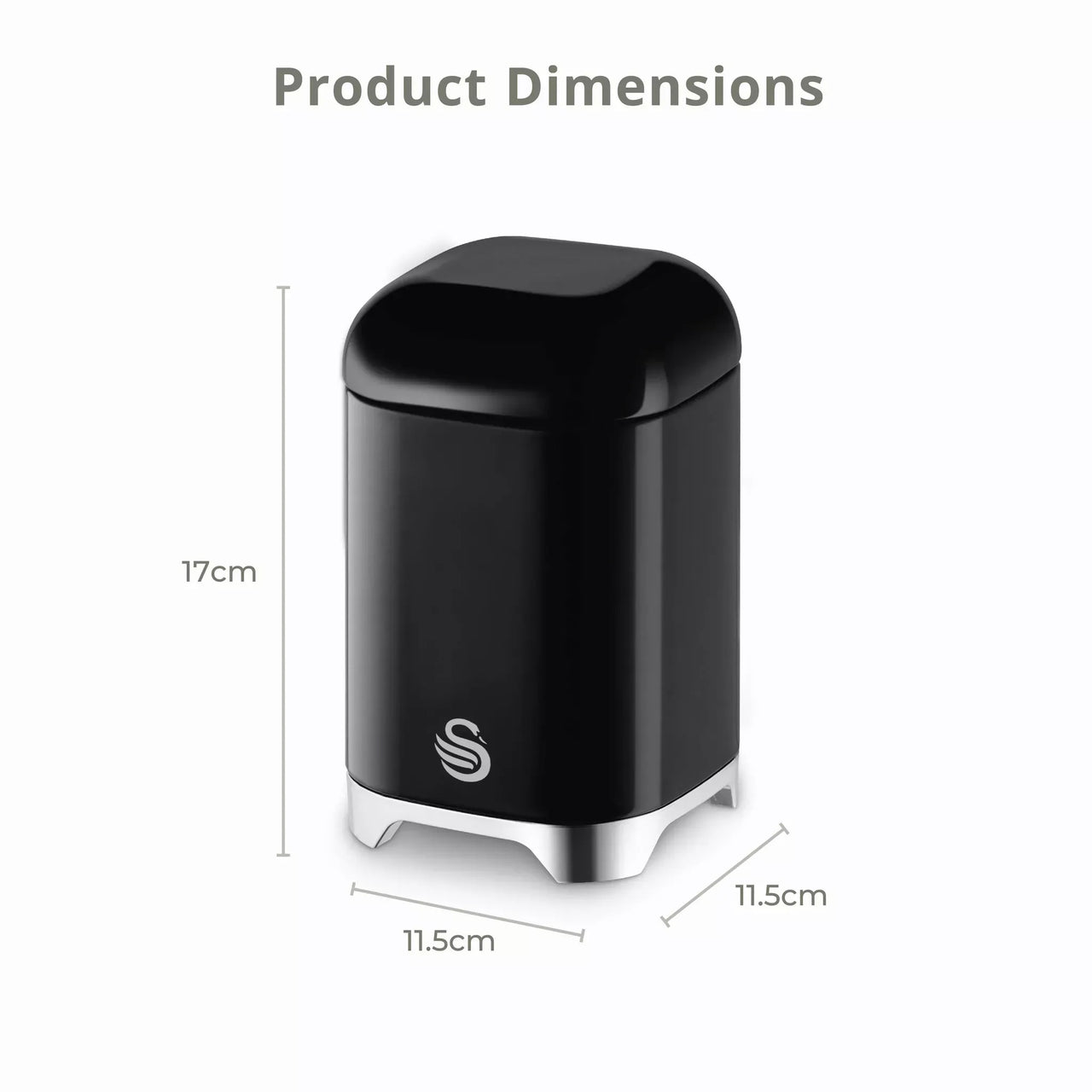 Black canister with glossy finish and white base feet; compact countertop storage