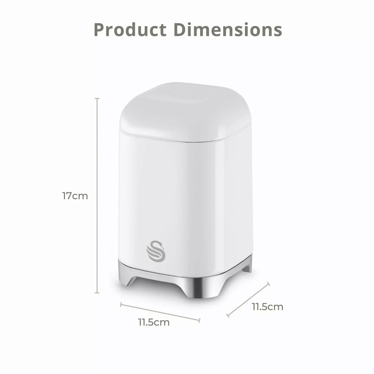 White canister storage container with rounded top and chrome base feet