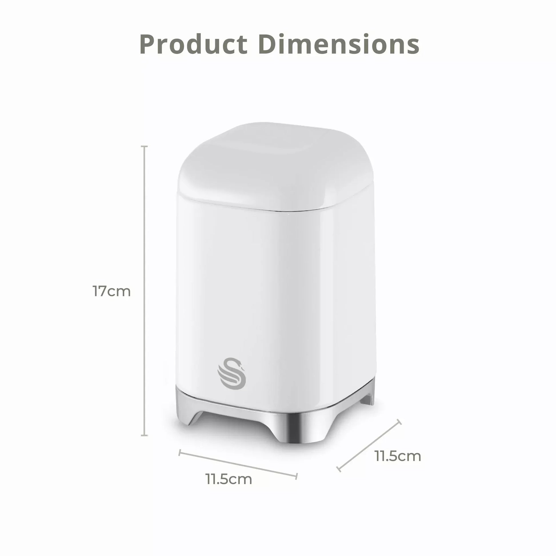 White canister storage container with rounded top and chrome base feet
