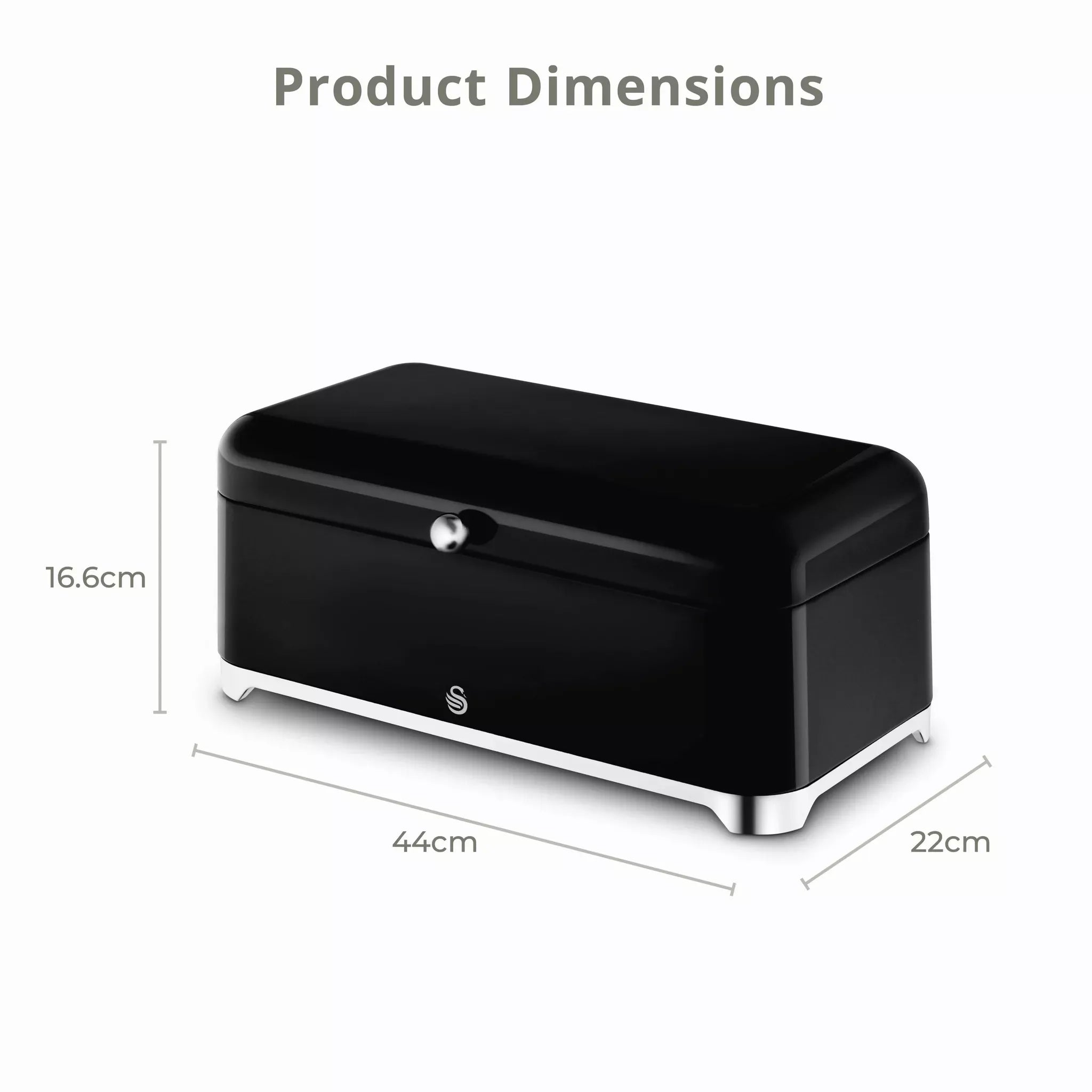 Black bread bin with chrome handle and glossy finish, shown with product dimensions