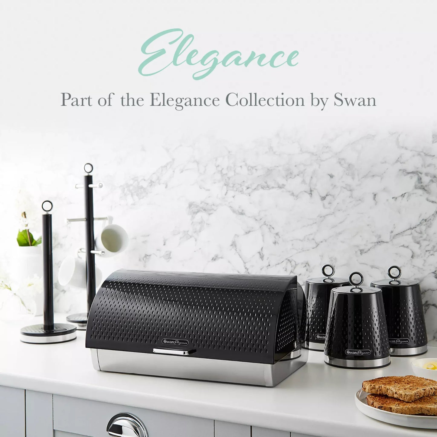Swan Swan Elegance Kettle, Toaster, Bread Bin, Canisters, Mug Tree & Towel Pole Set (Black)
