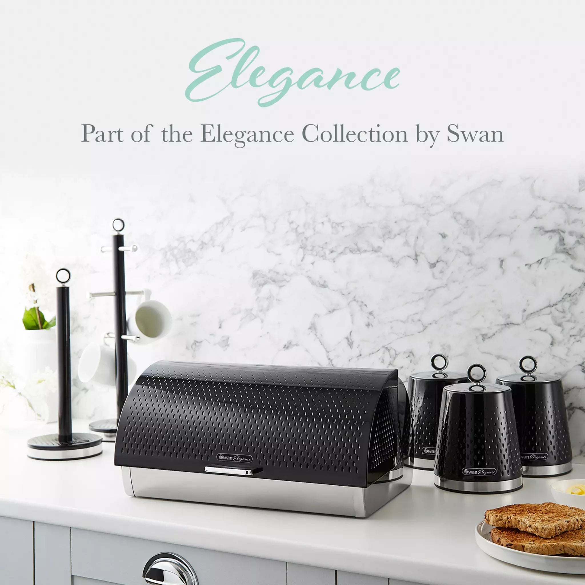 Swan Elegance Kettle, Toaster, Bread Bin, Canisters, Mug Tree & Towel Pole Set (Black)