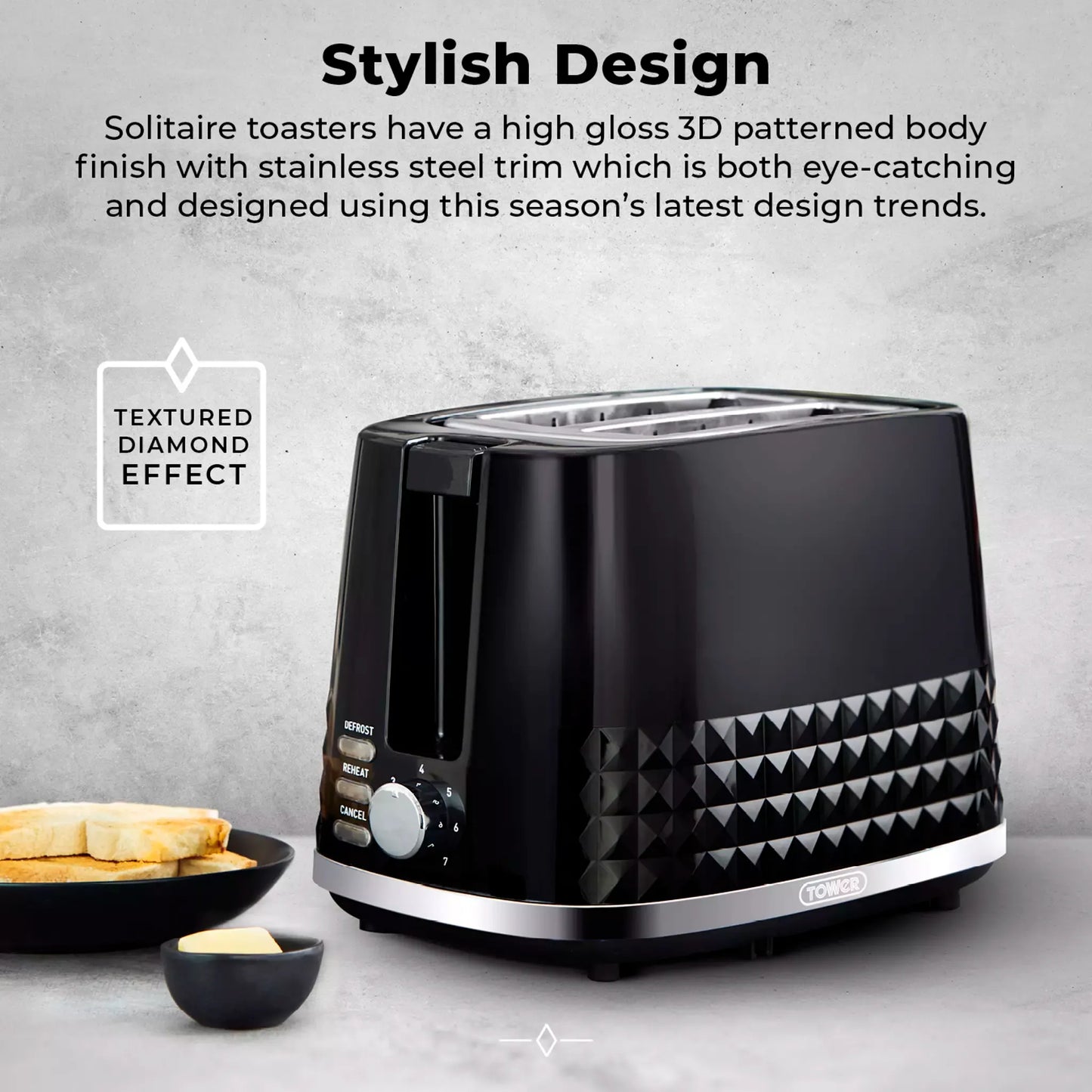 Tower Tower Solitaire Jug Kettle, 2 Slice Toaster, Bread Bin & Canisters Kitchen Set (Black)