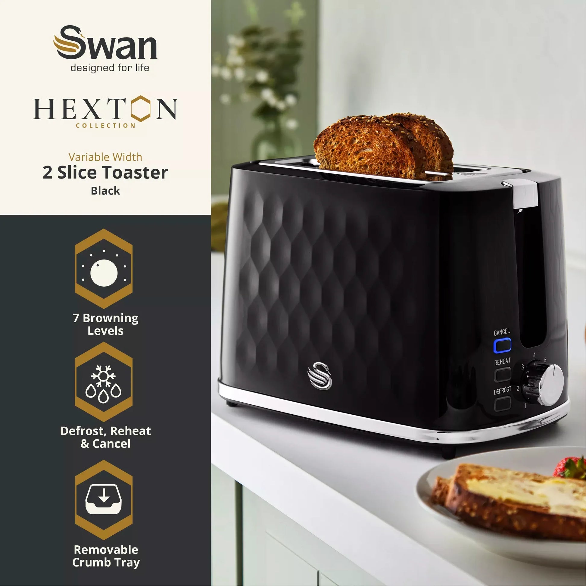 Swan Swan Hexton Kettle & 2 Slice Toaster Kitchen Set (Black)