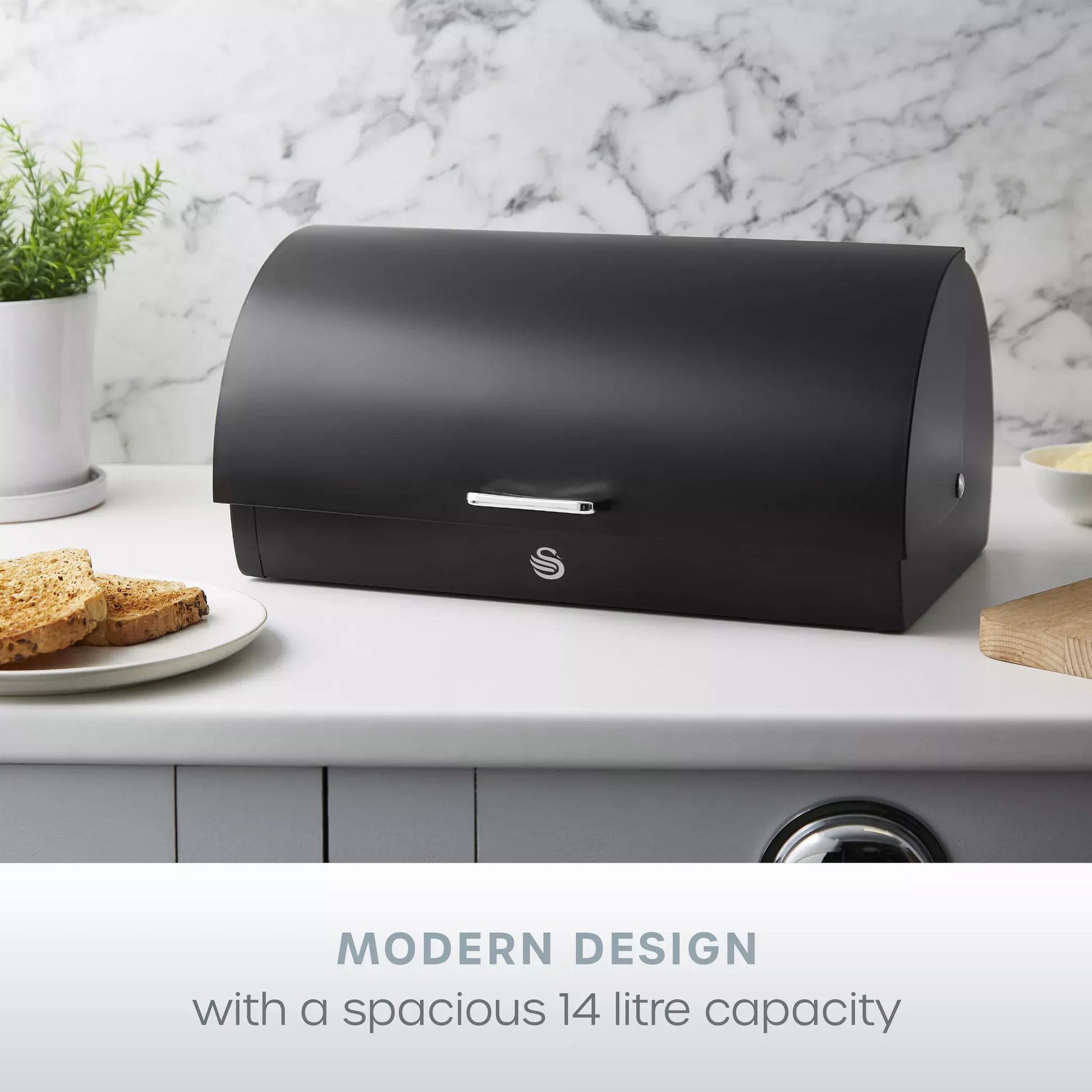 Swan Swan Serenity Kettle, 4 Slice Toaster, Bread Bin & Canisters Kitchen Set (Black)