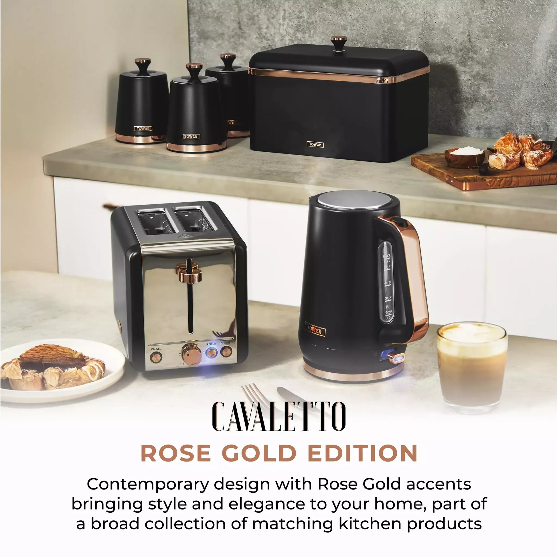 Tower Cavaletto Pyramid Kettle, 4 Slice Toaster & Canisters Kitchen Set (Black) Kitchen Sets