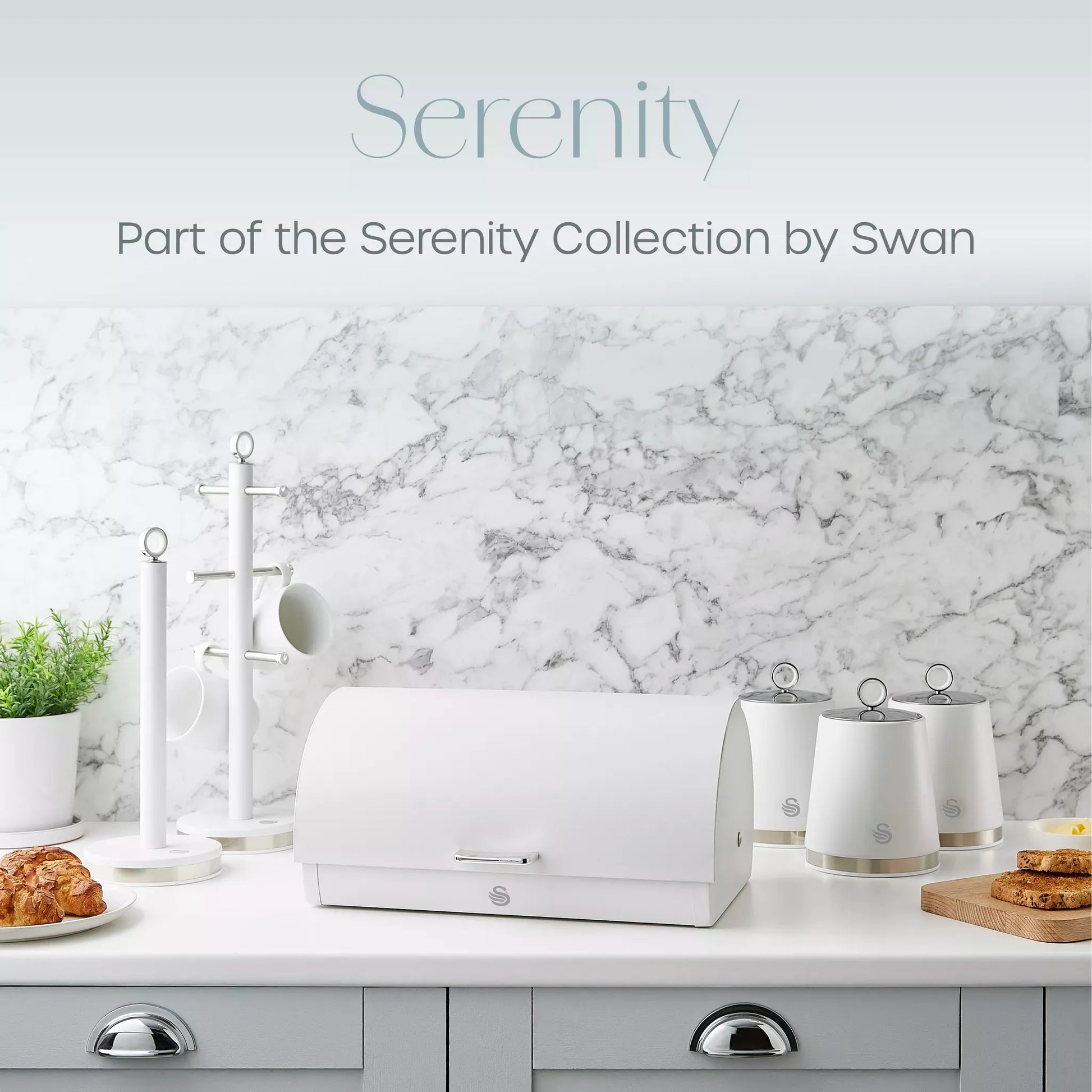 Swan Swan Serenity Kettle, 4 Slice Toaster, Bread Bin & Canisters Kitchen Set (White)