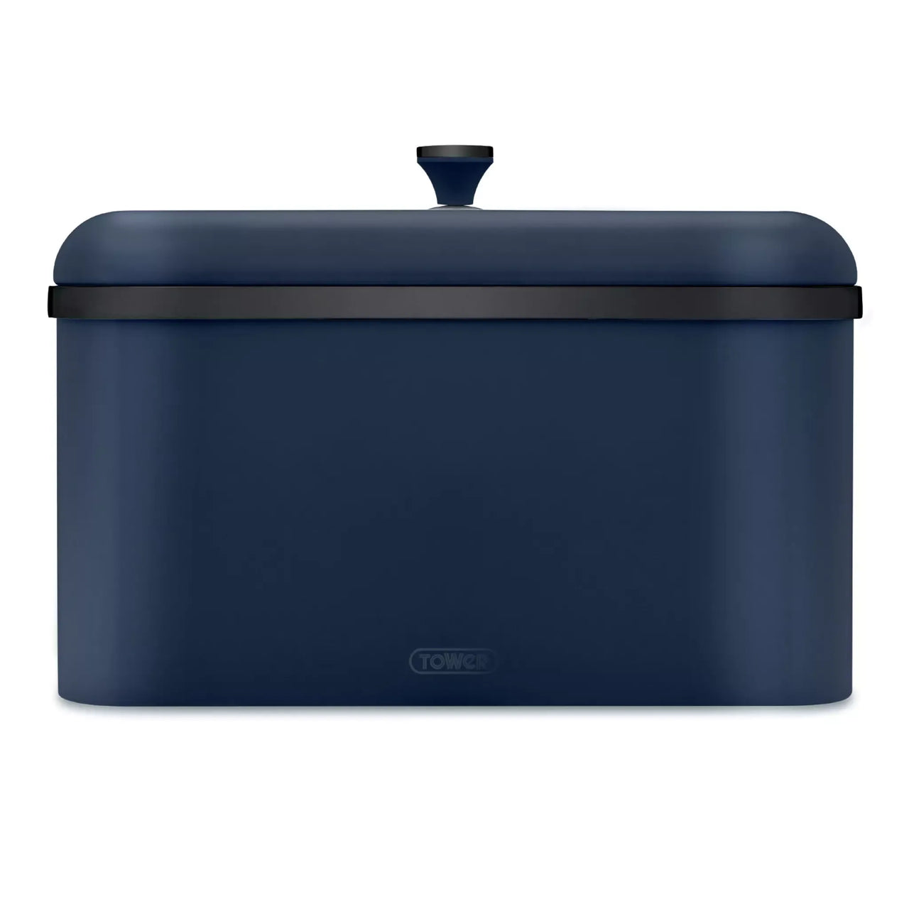 Midnight blue bread bin with domed lid and black-tinted top knob, rectangular storage case