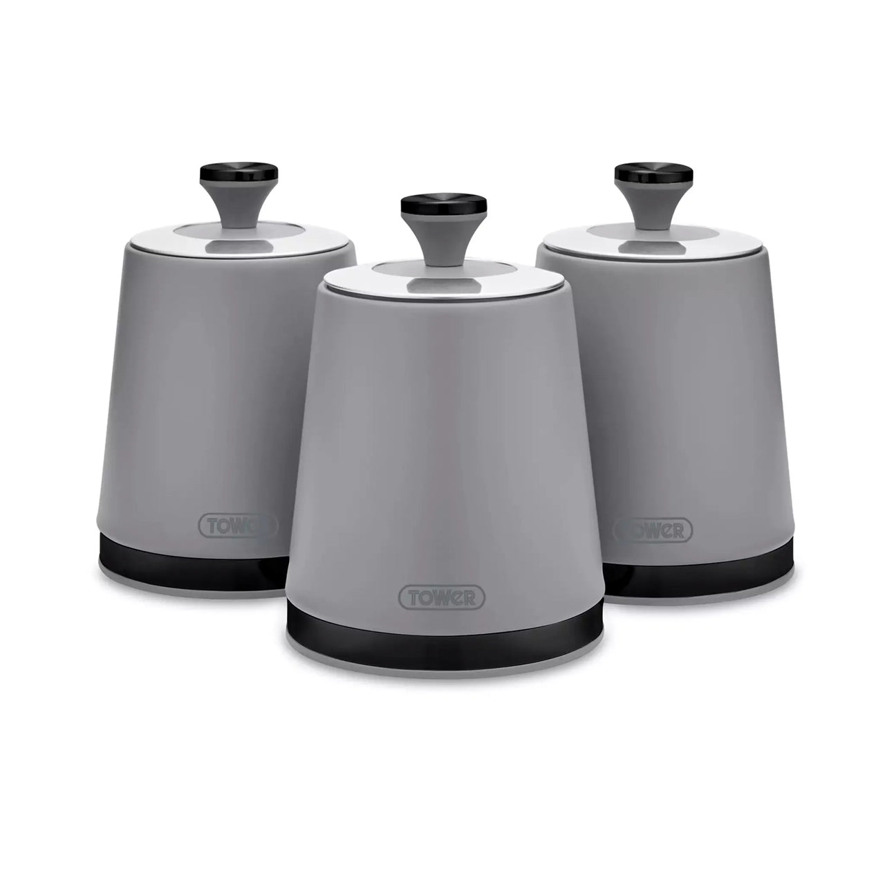 Set of three grey kitchen canisters with matching lids