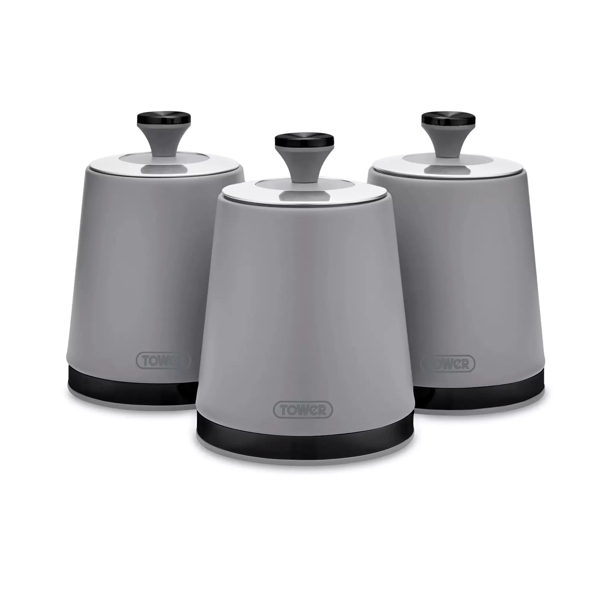 Set of three grey kitchen canisters with matching lids