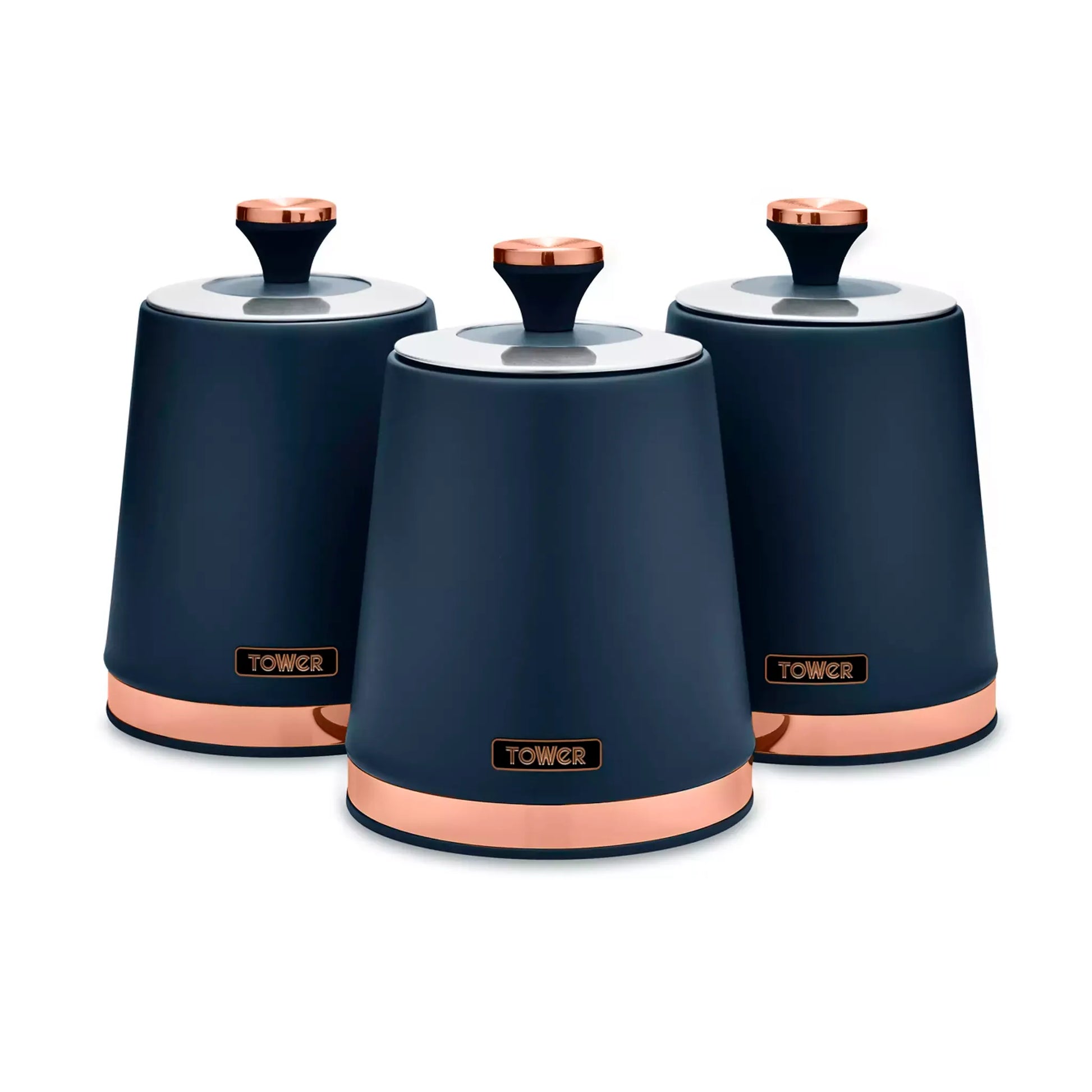 Set of 3 matte midnight blue storage canisters with rose-gold lids and copper base rings