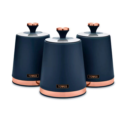 Set of 3 matte midnight blue storage canisters with rose-gold lids and copper base rings