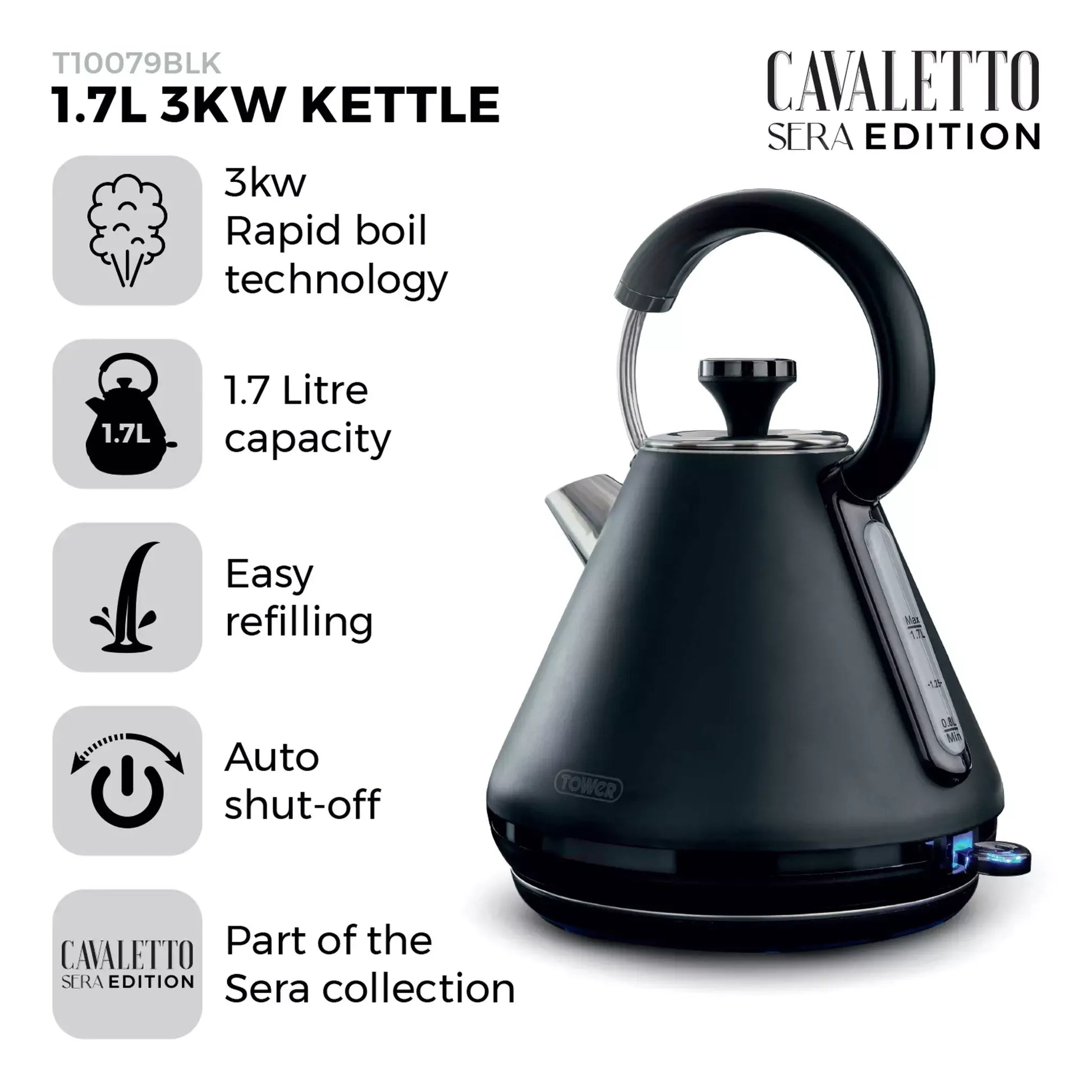 Tower Tower Sera Pyramid Kettle & 4 Slice Toaster Kitchen Set (Black)