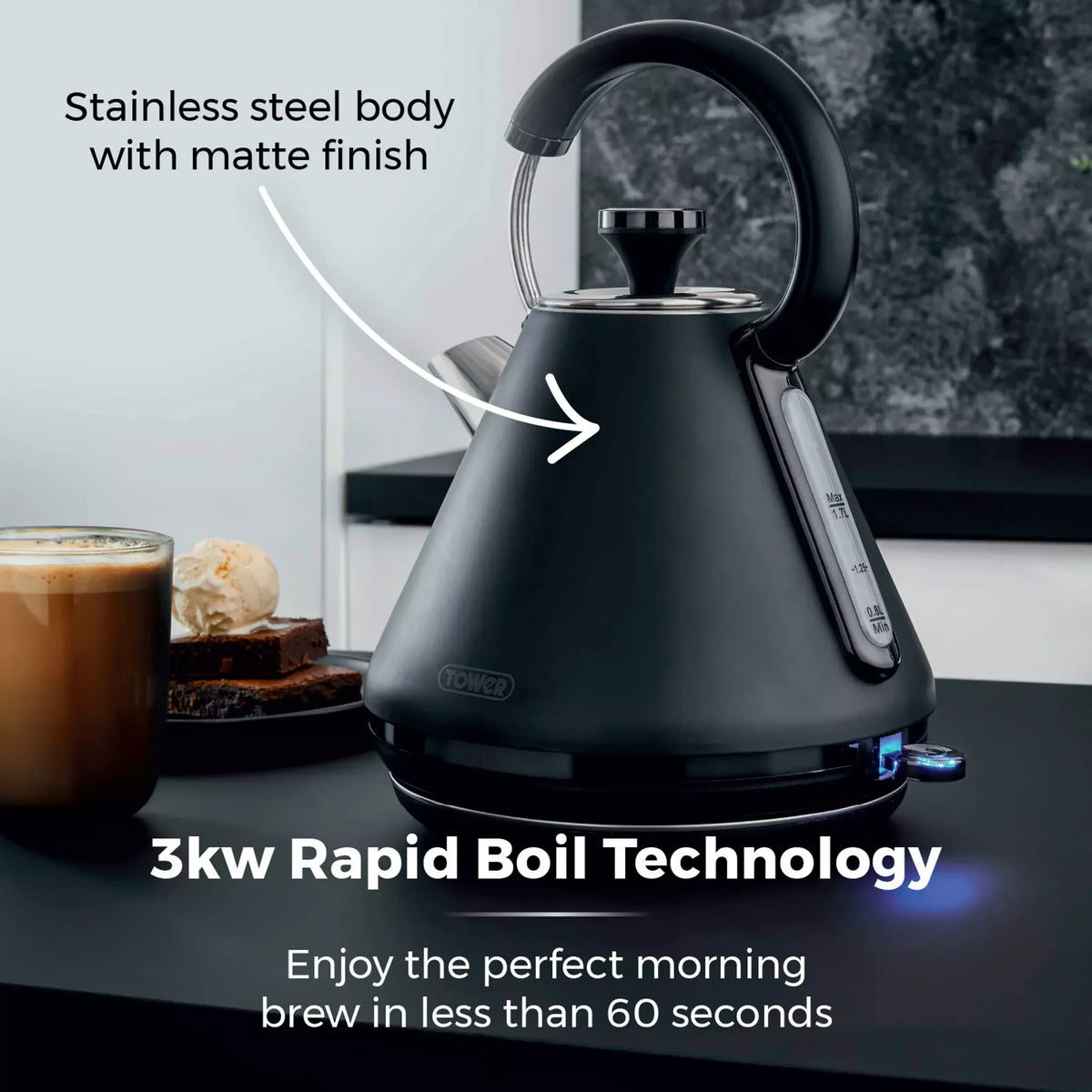 Tower Tower Sera Pyramid Kettle & 4 Slice Toaster Kitchen Set (Black)