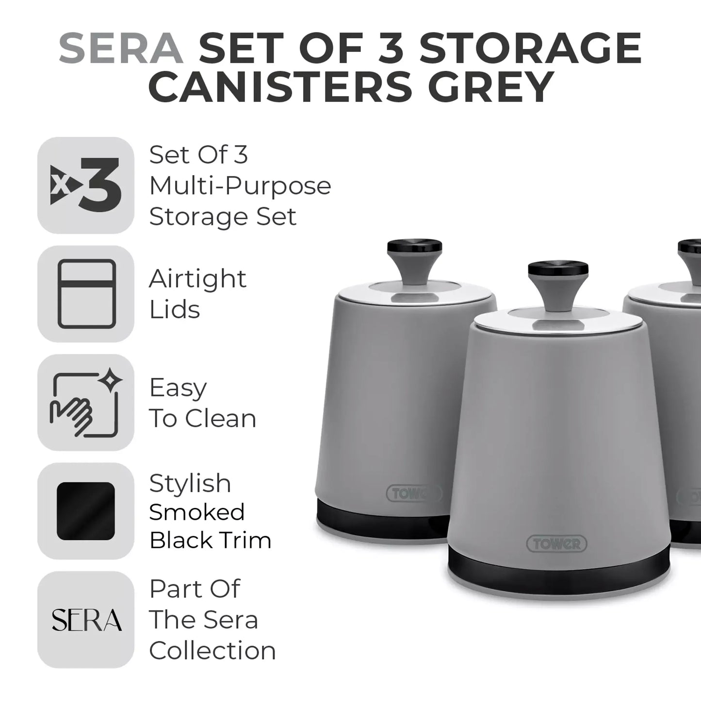 Tower Tower Sera Grey Kettle, 4 Slice Toaster, Bread Bin & Canisters Kitchen Set (Grey)