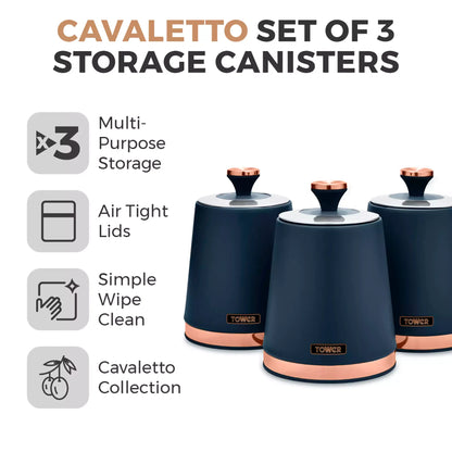 Set of 3 air-tight storage canisters in midnight blue with rose-gold lid knobs